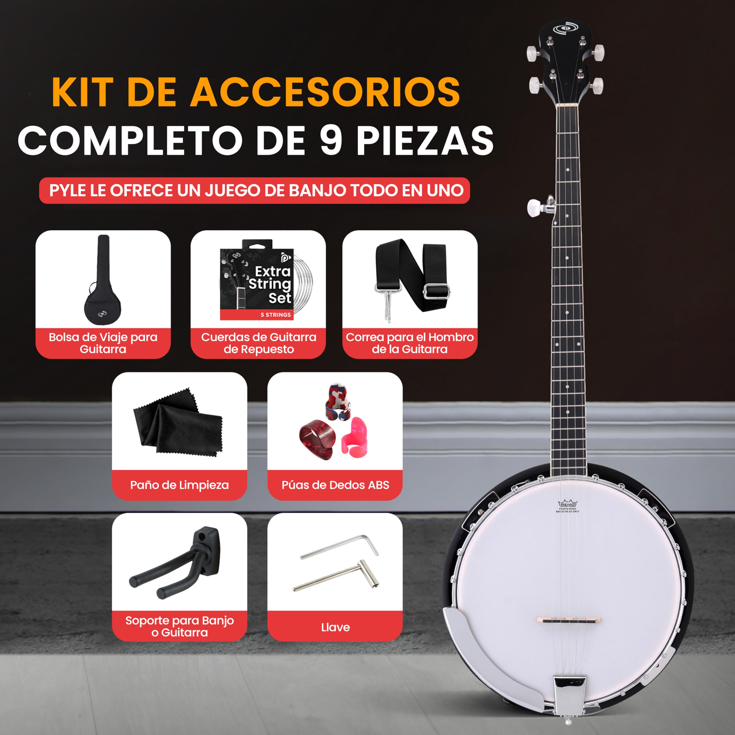 Pyle Banjolele- 5 Saiten, Banjo Kit Instrument, Banjolele Set Inkl. digitalem Stimmgerät, Saiten, Plektren, Gurt, Gig Bag & Werkzeugset, Musikinstrument für Folk, Country & Bluegrass, 99cm