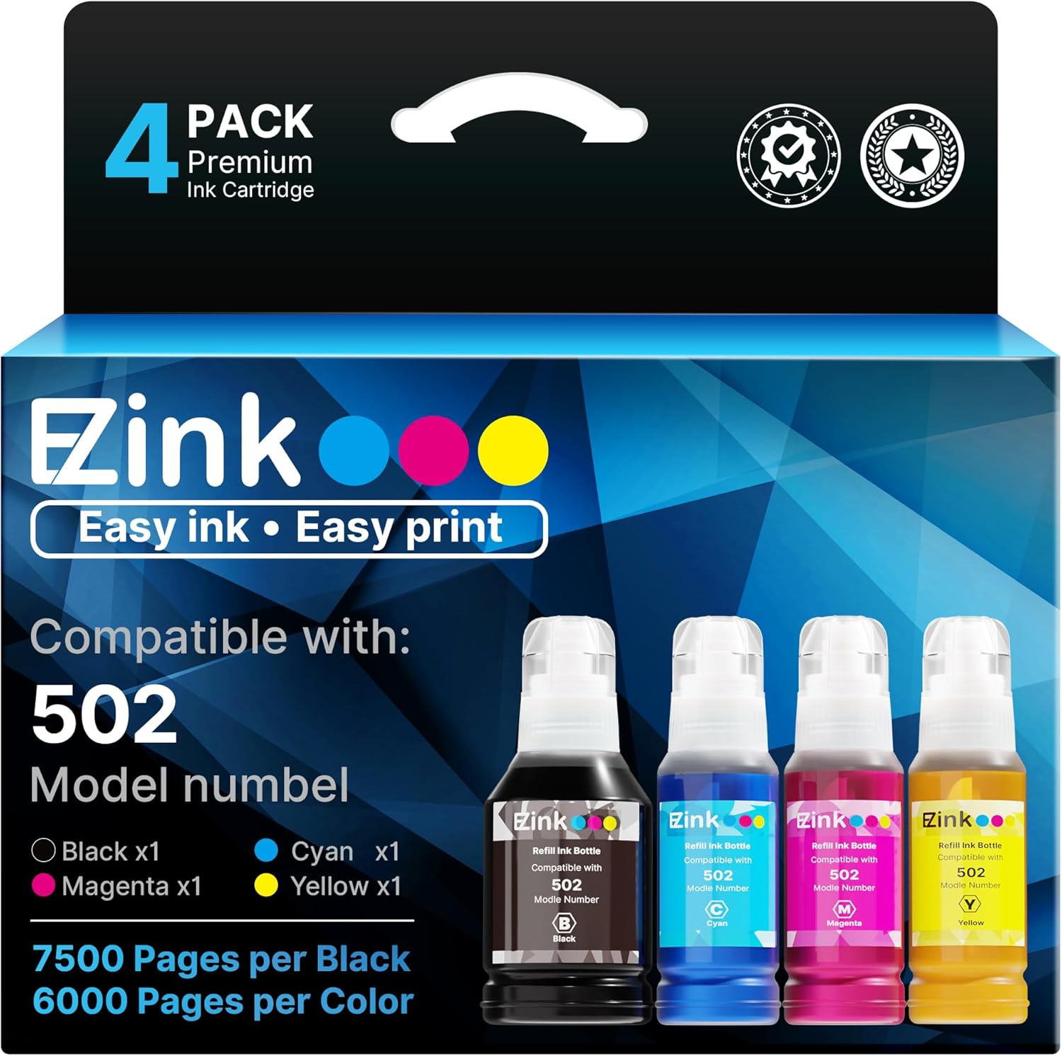 E-Z Ink Refill Ink Bottle Replacement Compatible for Epson 502 T502 522 T522 High Yield to use with ET-4760,ET-3760,ET-2760,ET-3710,ET-2750,ET-3700 Printer (Black, Cyan, Magenta, Yellow, 4 Pack)