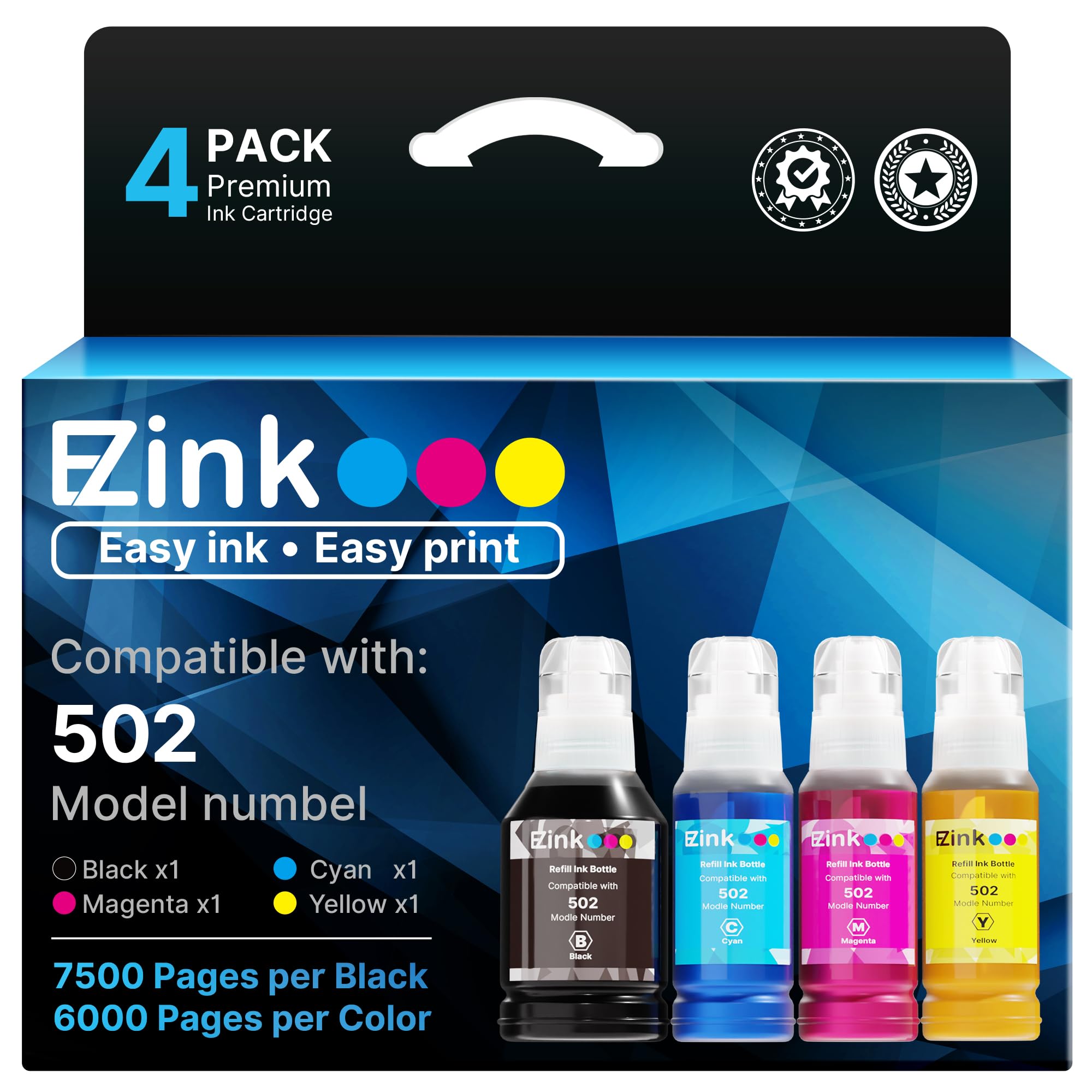 Compatible Refill Ink Bottle Replacement for Epson 502 T502 522 T522 High Yield to use with ET-4760,ET-3760,ET-2760,ET-3710,ET-2750,ET-3700 Printer (Black, Cyan, Magenta, Yellow, 4 Pack)