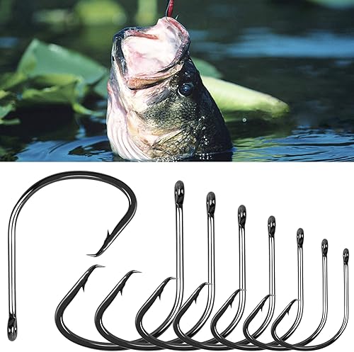 Miniatura 5 de Ganchos circulares de pesca fuertes de acero de alto carbono para bagre offset de pesca para trucha de lubina, agua salada de agua dulce