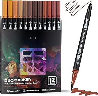 Brown Duo Tip Marker Pens, 12 Pack Fine & Brush Markers for Adult Coloring Books No Bleeding, Earth Brown Markers for Wood Texture, Animal Fur, Vintage Effects and Antique Coloring