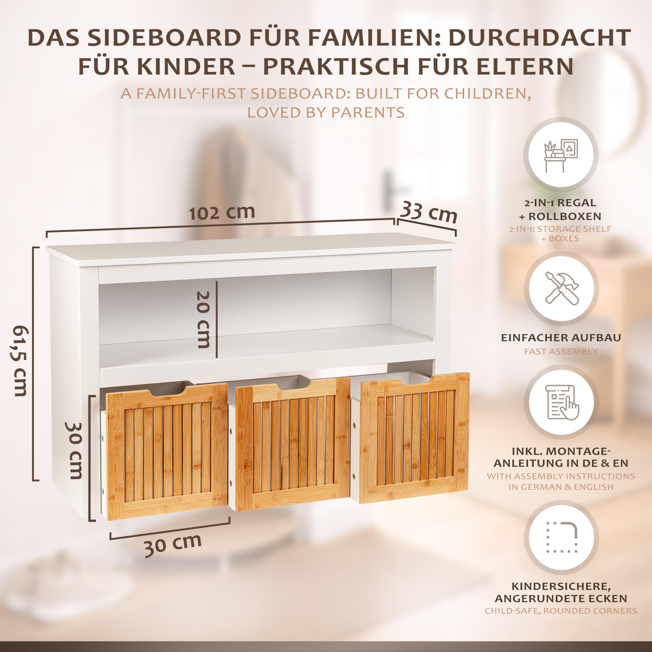 ONVAYA Sideboard mit Rollboxen - Praktisches Kinder Bücherregal und Kuscheltier Aufbewahrung - Modernes Spielzeugregal inkl. 3 Aufbewahrungsboxen - Durchdachtes Kinderregal als Spielzeug Organizer