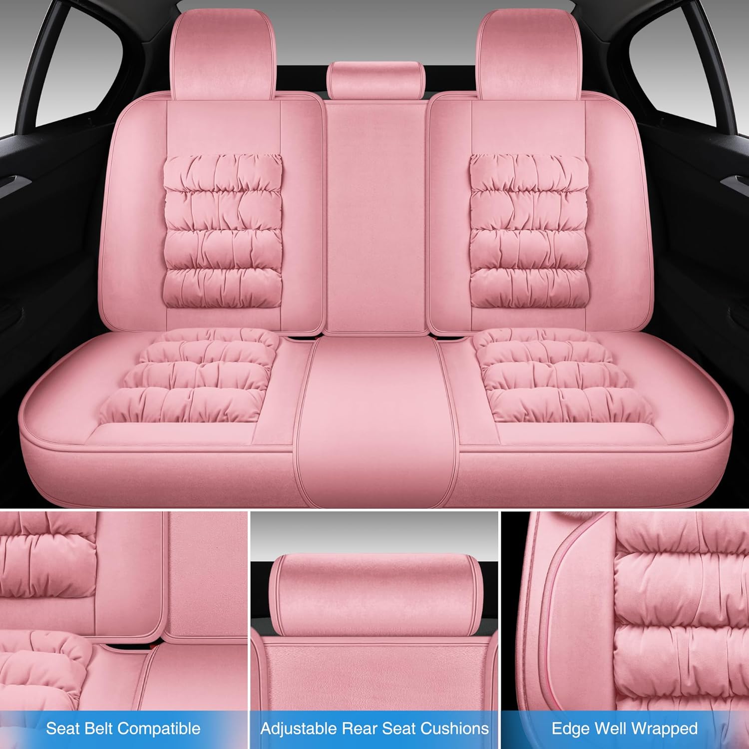 AOOG Fuzzy Car Seat Covers, Heated Bench Back Cushion Protector for Cars SUV Trucks(Full Set,Pink)