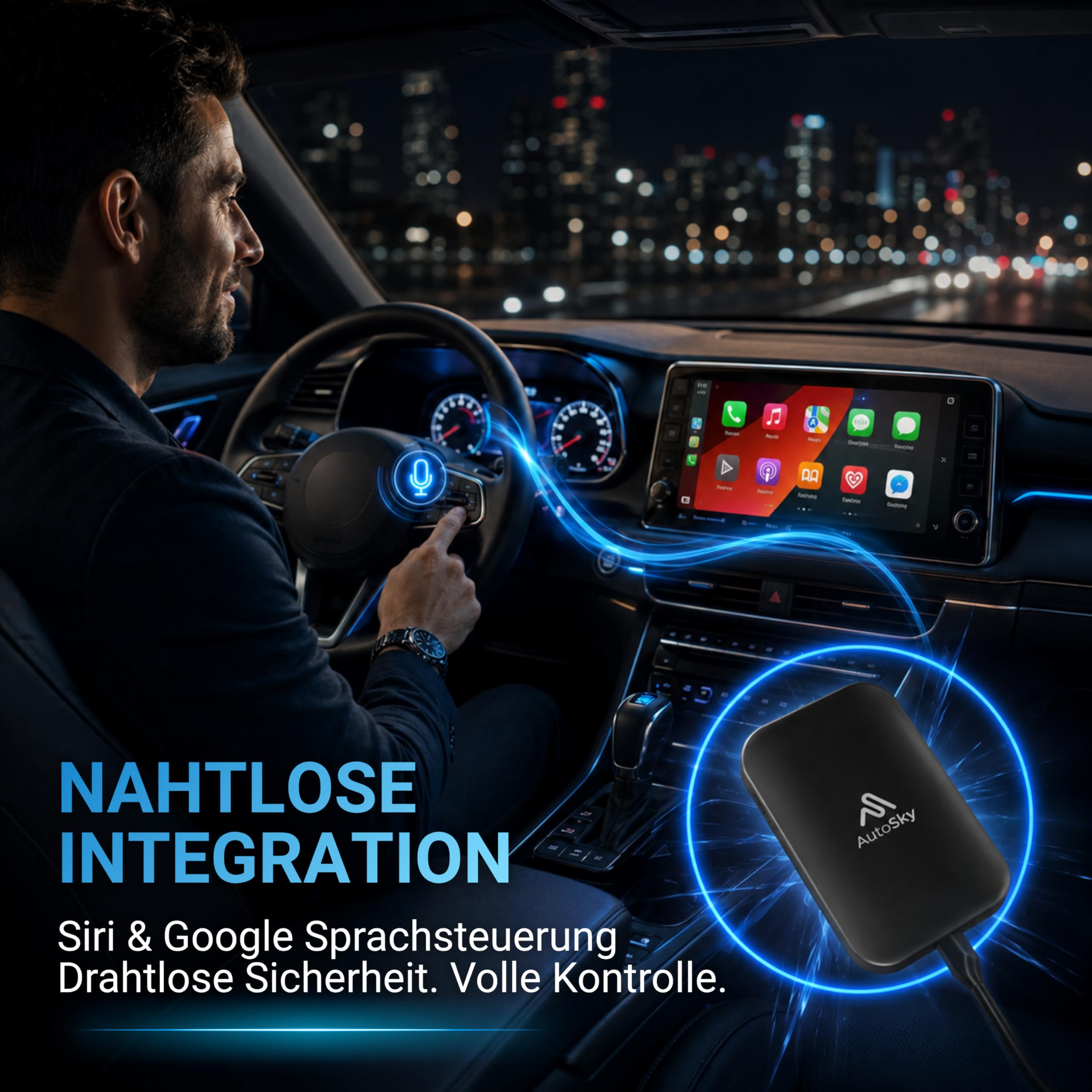AutoSky AI Box Lite Plus 2.0 – Wireless CarPlay & Android Auto für werkseitig verkabelte Autos, Unterstützt Netflix & YouTube, Kabellos & Plug & Play | Plug & Play für werkseitig verkabelte Autos – Dual-WiFi, YouTube-Streaming, SD-Karte, Android 13