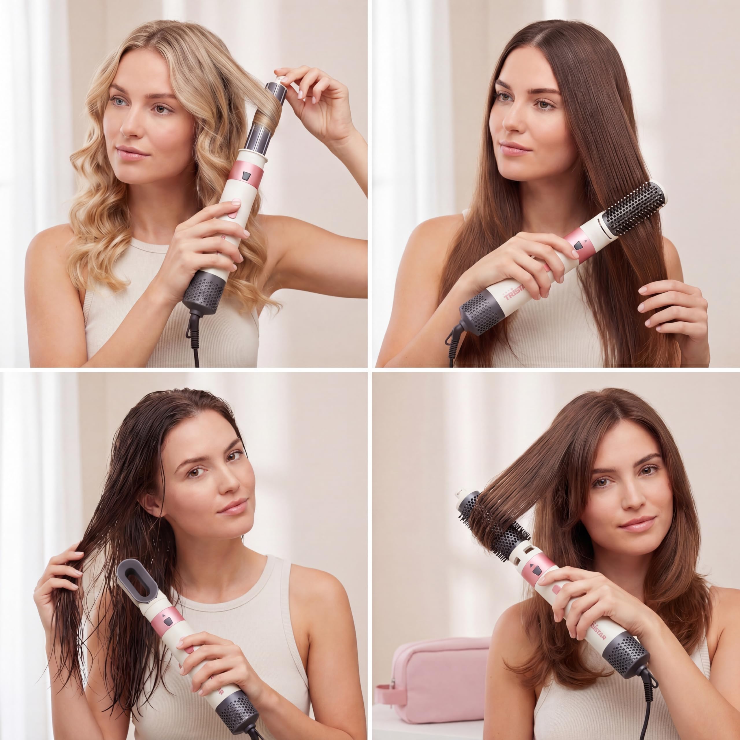 Tristar Airstyler, Outil 5 en 1 avec 5 Accessoires, Moteur DC, 3 Niveaux de Chaleur, 1 Vitesse, 1000 W, Cordon Rotatif 360°, Housse, HD-2470