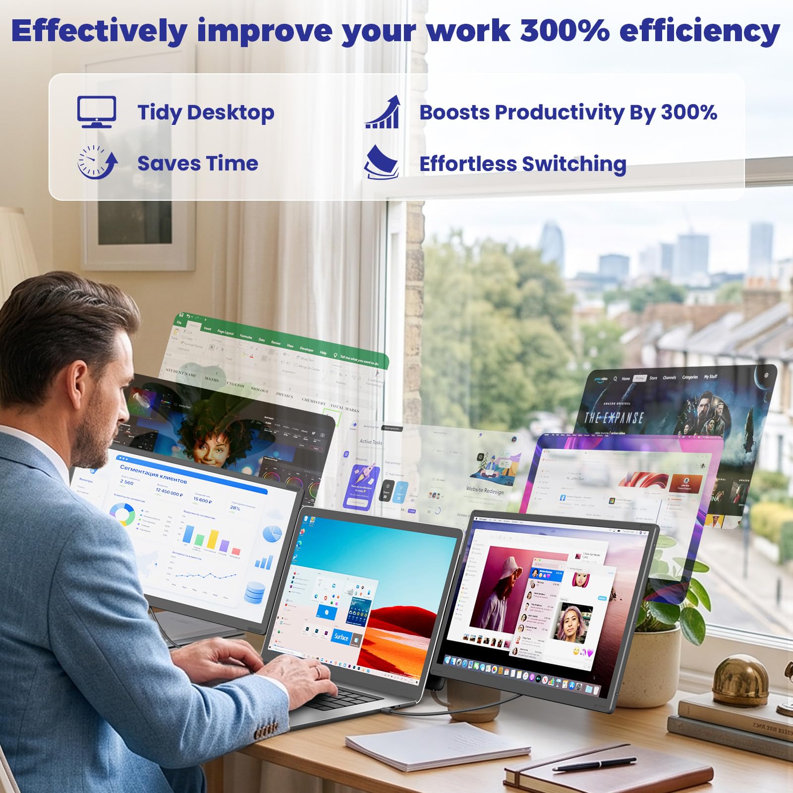 Ecran Portable 15.6” FHD 1080P, Triple Extension D'écran pour PC Portable, Amovible et orientable à 235°Écran Dual pour Ordinateurs Portables de 13 à 17,3”, Plug & Play avec Mac/Windows