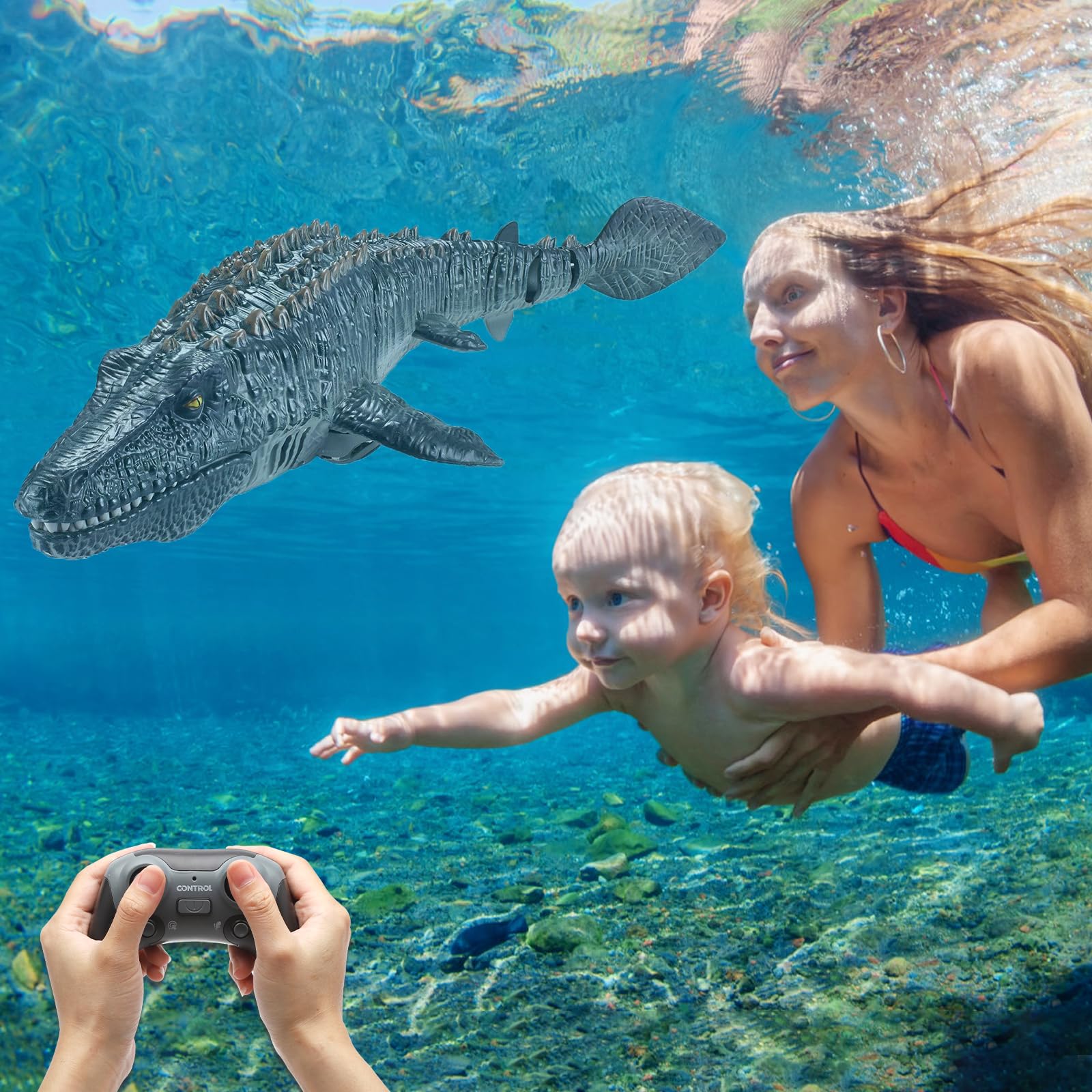 DAWRIS Mosasaurus, barca telecomandata, 2,4 GHz, impermeabile, a U per bambini dai 6, radiocomandata a distanza con luce LED e nebulizzazione, doppia elica giocattolo per piscina Pond