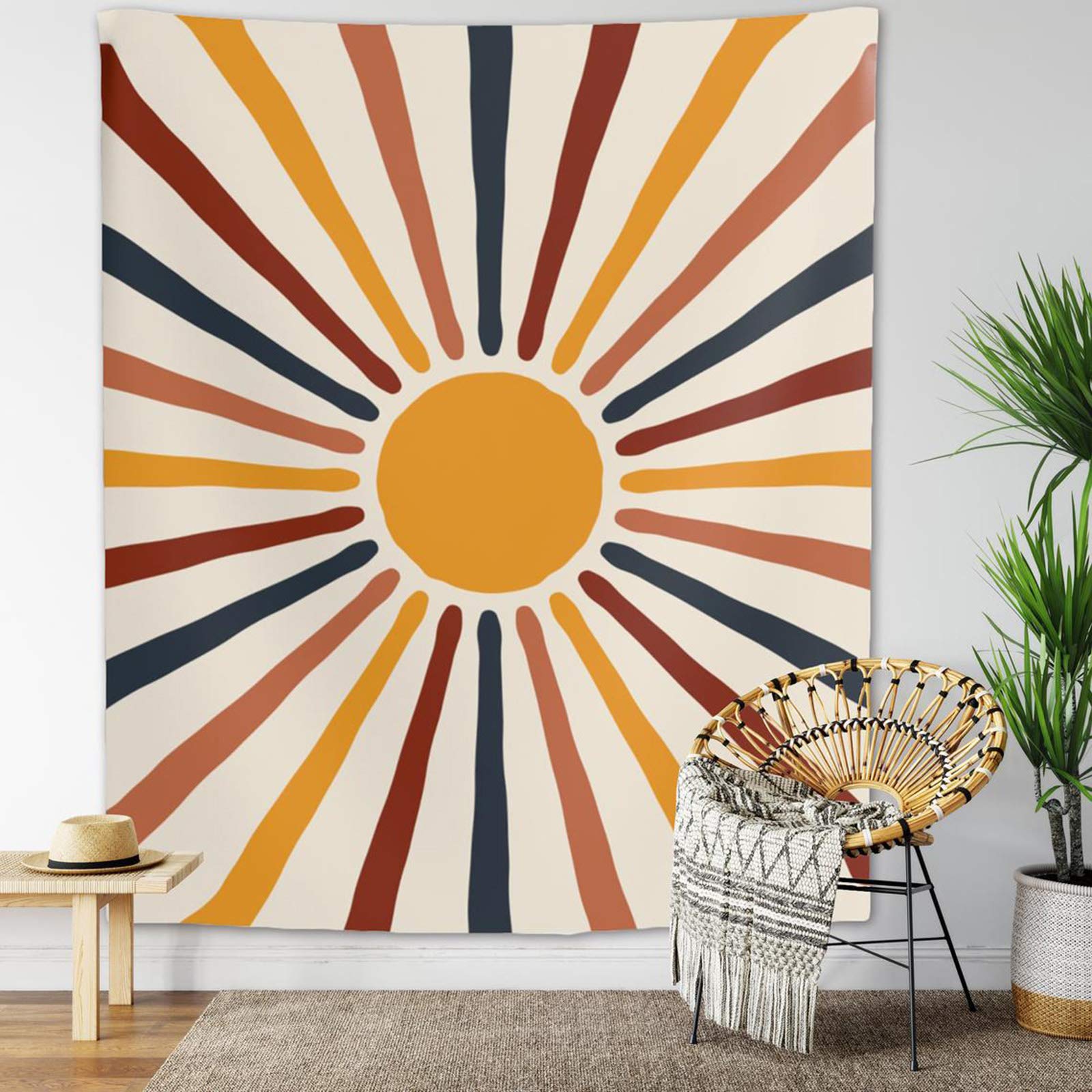 Finduat Vintage Sun Tapestry Retro 70s Rainbow Minimalist Geometric Grunge Abstract Art Print Bohemian Wall Hanging Bohemian Decor for Dorm Living Room Bedroom( 59.1" x 51.2" )