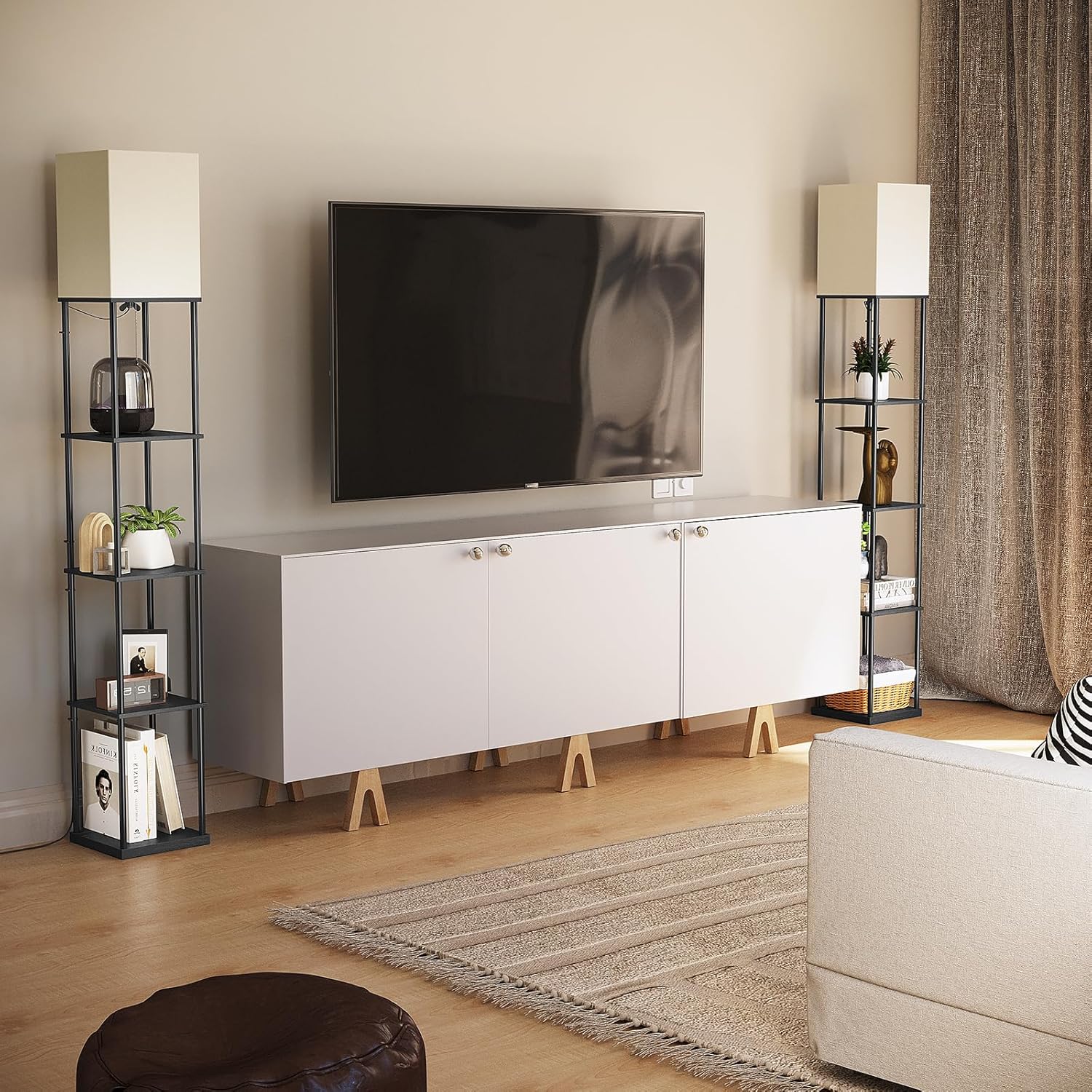 SUNMORY 5 Tier Floor Lamp with Shelves, Modern Square Standing Lamp with 3 Color Temperature Bulb, Corner Display Bookshelf Lamp for Living Room and Bedroom, Tall Shelf Floor Lamp