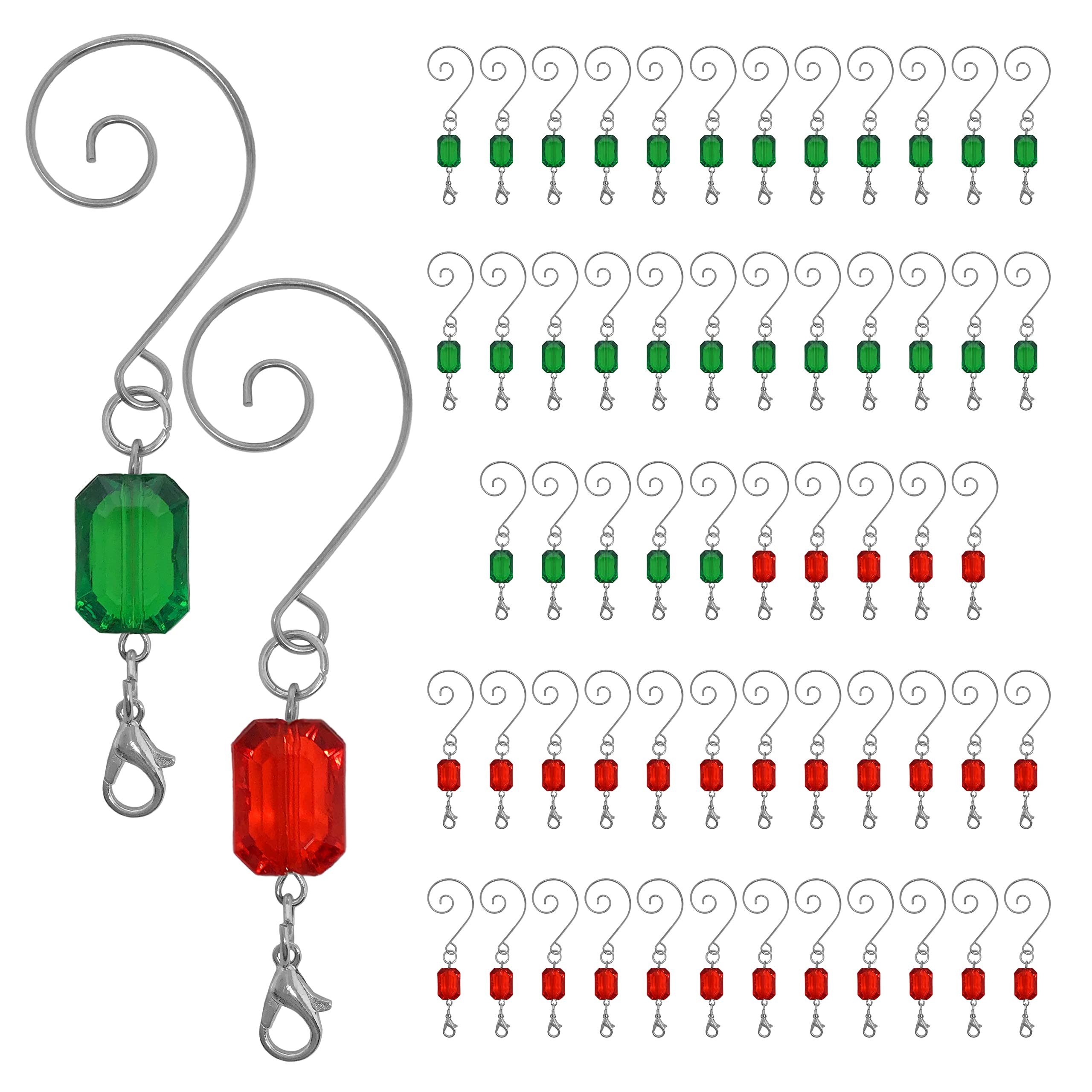 Christmas Ornament Hooks - Set of 60 Red and Green Acrylic Gems - Silver Wire Hangers - Decorative Scroll S-Hook Tree Accessory with Lobster Claws - Holiday Seasonal Accessories - 3" L
