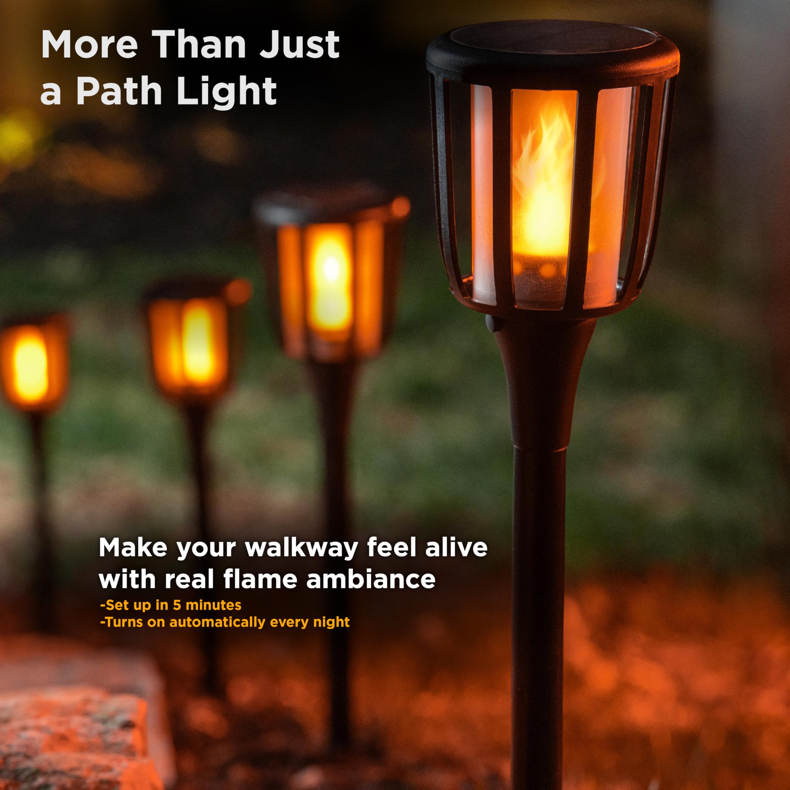 FoxFlame Rustikale Solar-Landschaftslichter, realistische flackernde Flamme, patentierte LED, verstellbare Höhe, Wegelichter, solarbetriebene Taschenlampe mit Stangen für Garten, Hof und Terrasse
