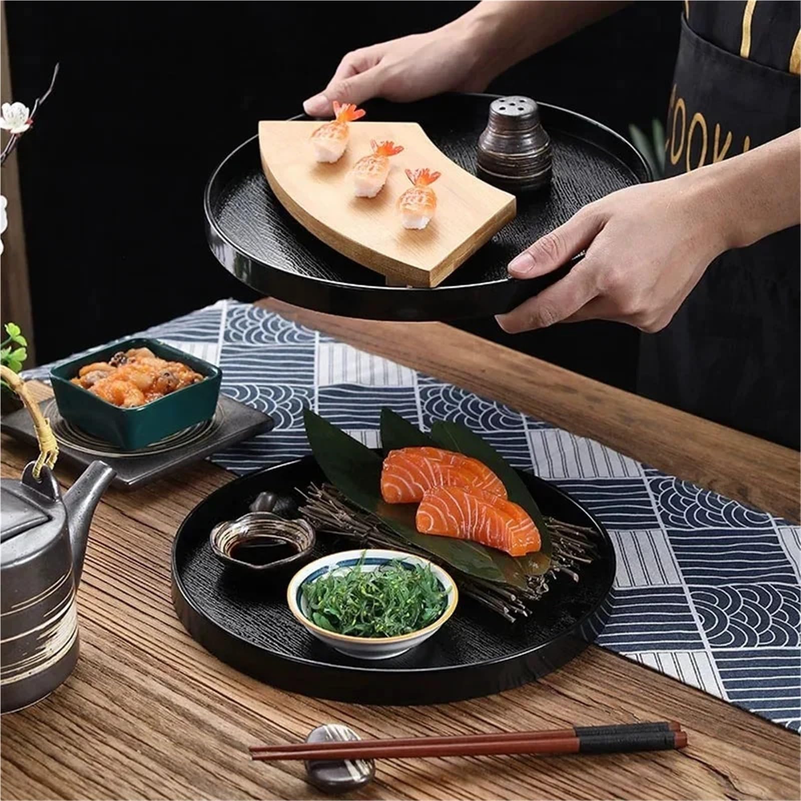 Bandeja para Servir té de Madera Maciza Negra, Bandeja para Servir postres y té de la Tarde, Bandeja Retro para Juego de té (Redonda, 27 x 27 x 2 cm)