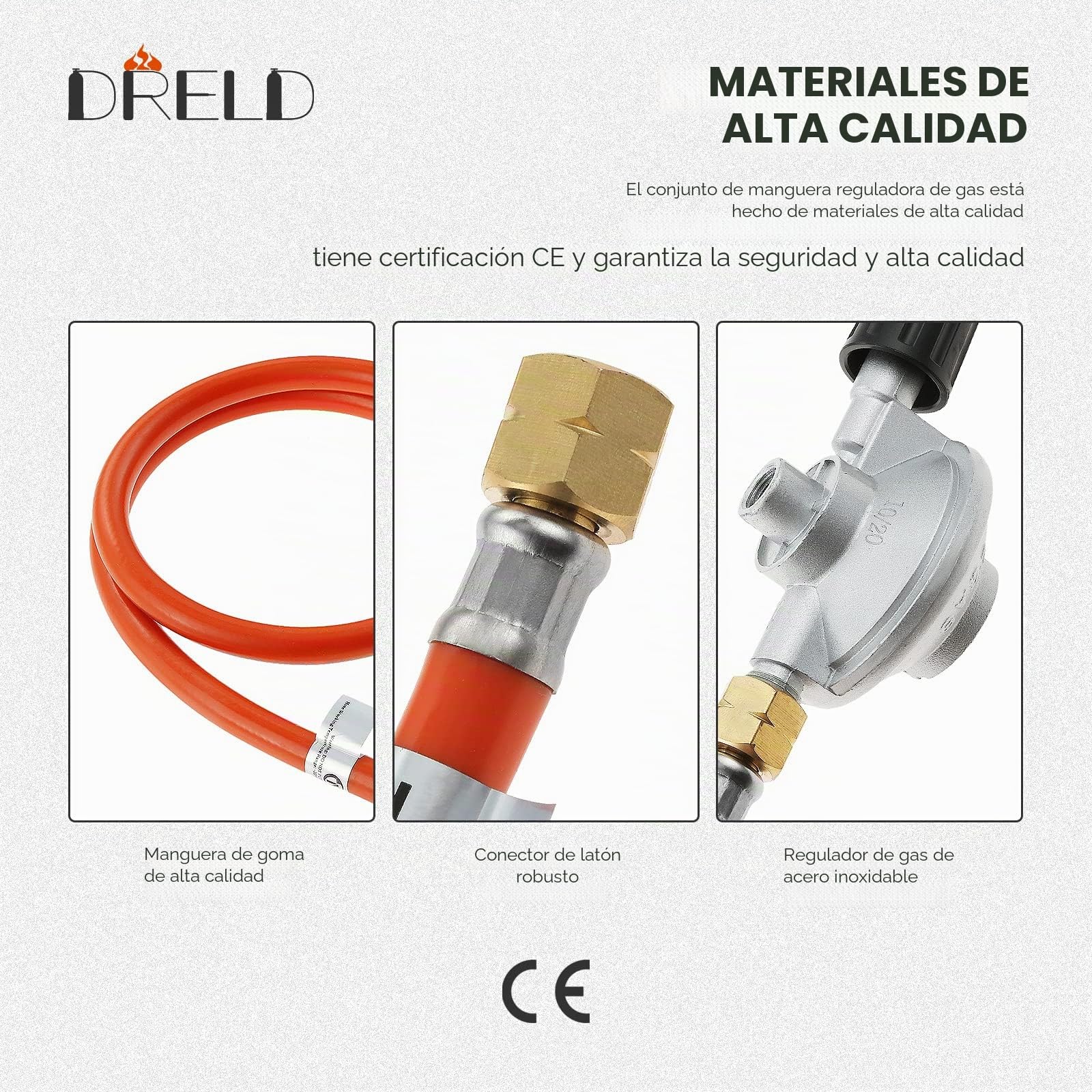 DRELD Regulador ajustable de 50 mbar con manguera de 80 cm de largo, rosca izquierda de 1/4 pulgadas y rosca universal hembra de 7/16 pulgadas para parrilla de gas de camping, botella de propano y