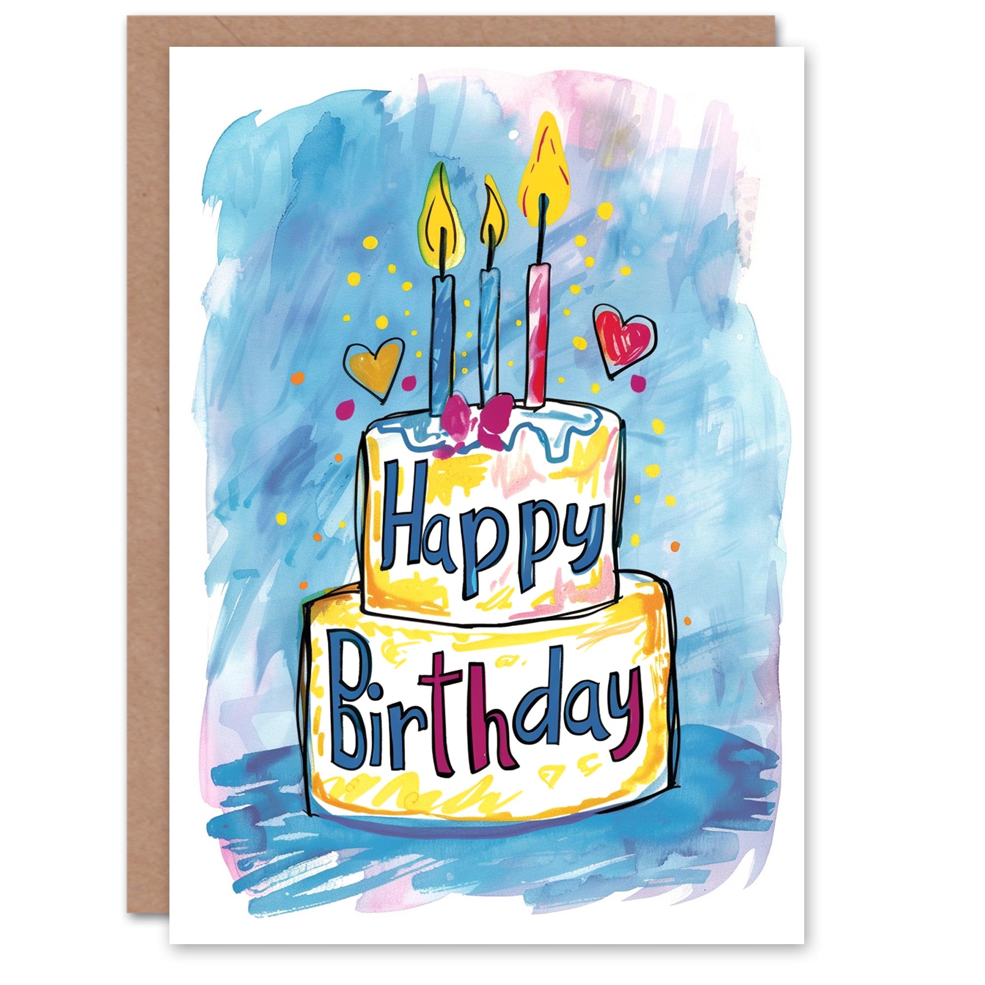 Artery8 Birthday Card Blue Watercolour Birthday Cake Candles Fun Drawing For Him Her Man Woman Girl Boy Wife Husband Greeting Card