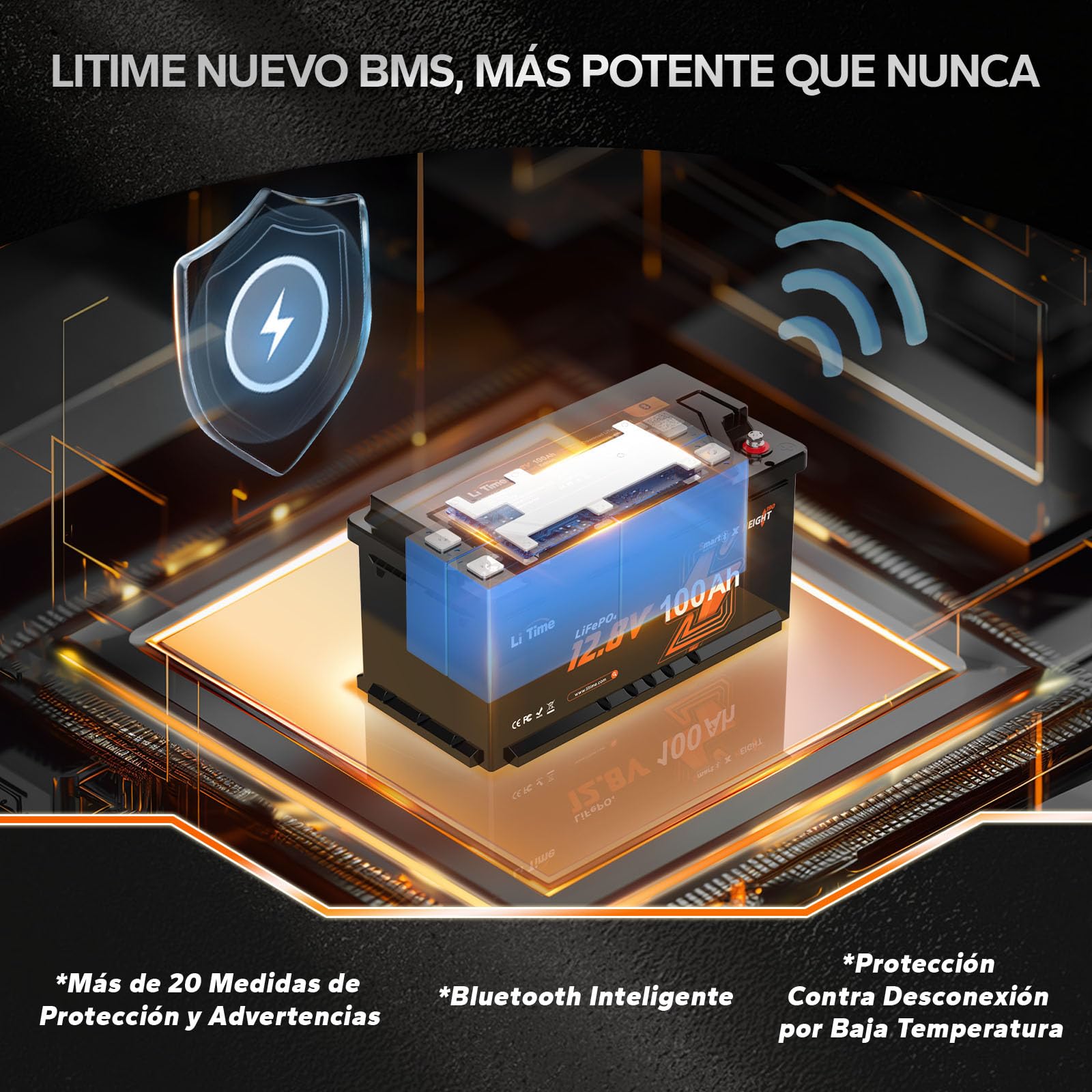 LiTime 12V 100Ah H190 Batería Lifepo4, Bateria Litio 12V con Bluetooth,100A BMS y Protección Baja Temperatura, 4000+ Ciclos, Batería Lifepo4 para Caravana, Barco, Energía de Respaldo, Sistemas Solares