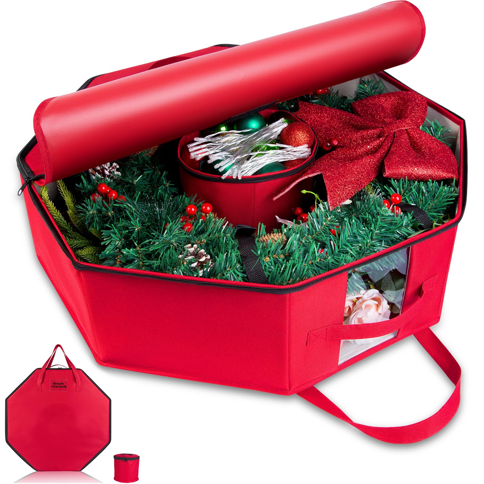 BrilliantJo Wreath Storage Christmas Garlands Bag with Interior Pockets duty 600D Oxford Fabric 24 Inch Xmas Container Box for holiday Decorations Case Zipper Handles Labeling Card Slot Red