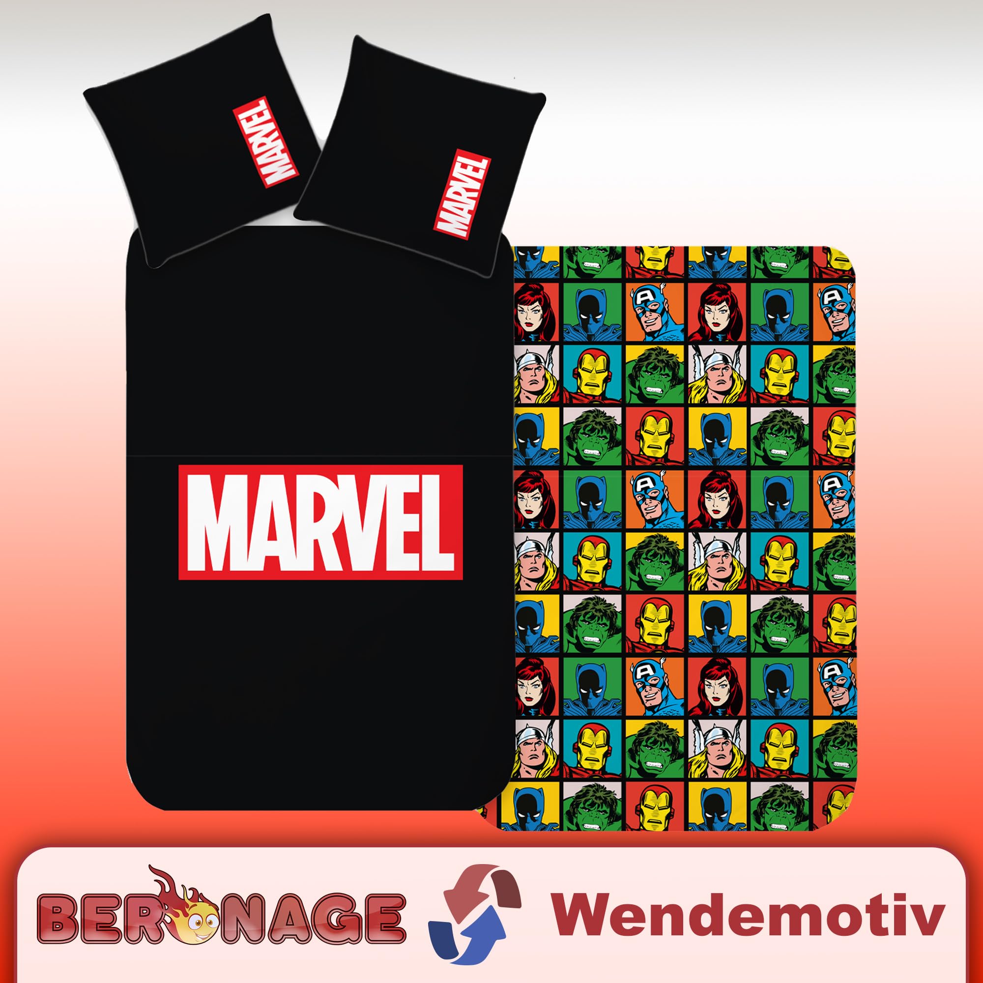 Pościel z logo Marvel 135 x 200 cm + 80 x 80 cm 100% bawełna Linon/Renforcé pościel poszwa na kołdrę MCU komiksy Iron Man Hulk Thor Kapitan Ameryka Spider-Man czarny zamek błyskawiczny