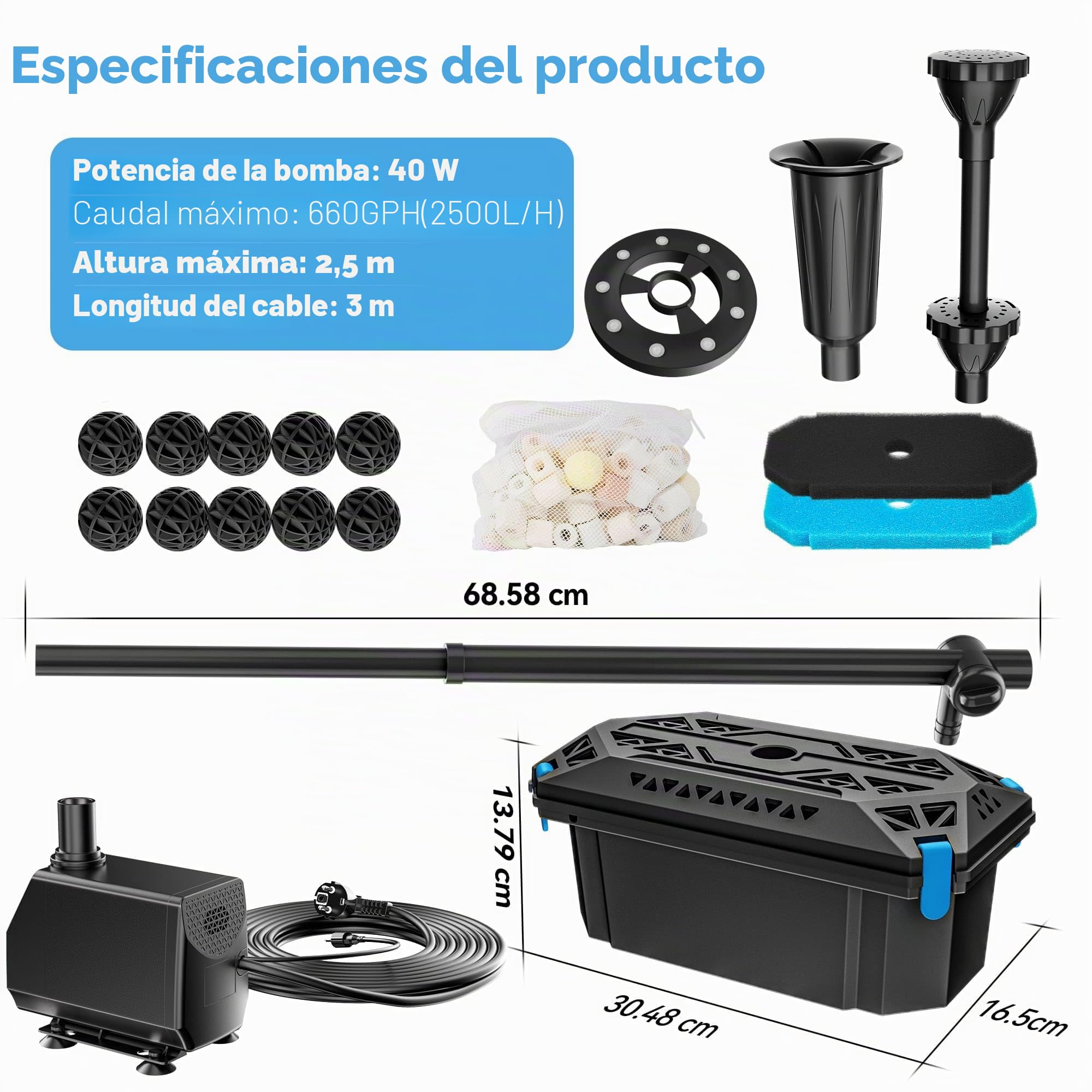 Biling Juego completo de filtros de estanque con bomba de 2500 l/h, 40 W, luz LED RGB, bomba de estanque con filtro para jardines y hermosos juegos de agua