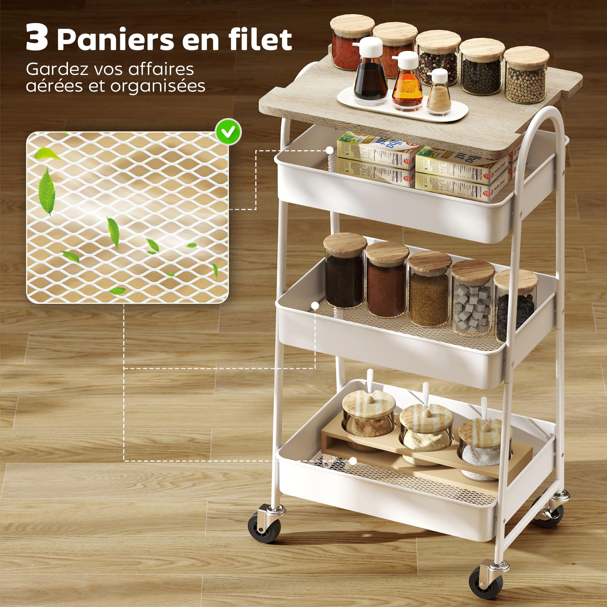 HOMCOM Desserte Cuisine, Chariot de Service à 3 Niveaux, avec Plateau supérieur, paniers en Maille, poignées, Chariot de Rangement à roulettes pour Salon, Bureau, Cuisine, 45 x 32 x 77,5 cm, chêne