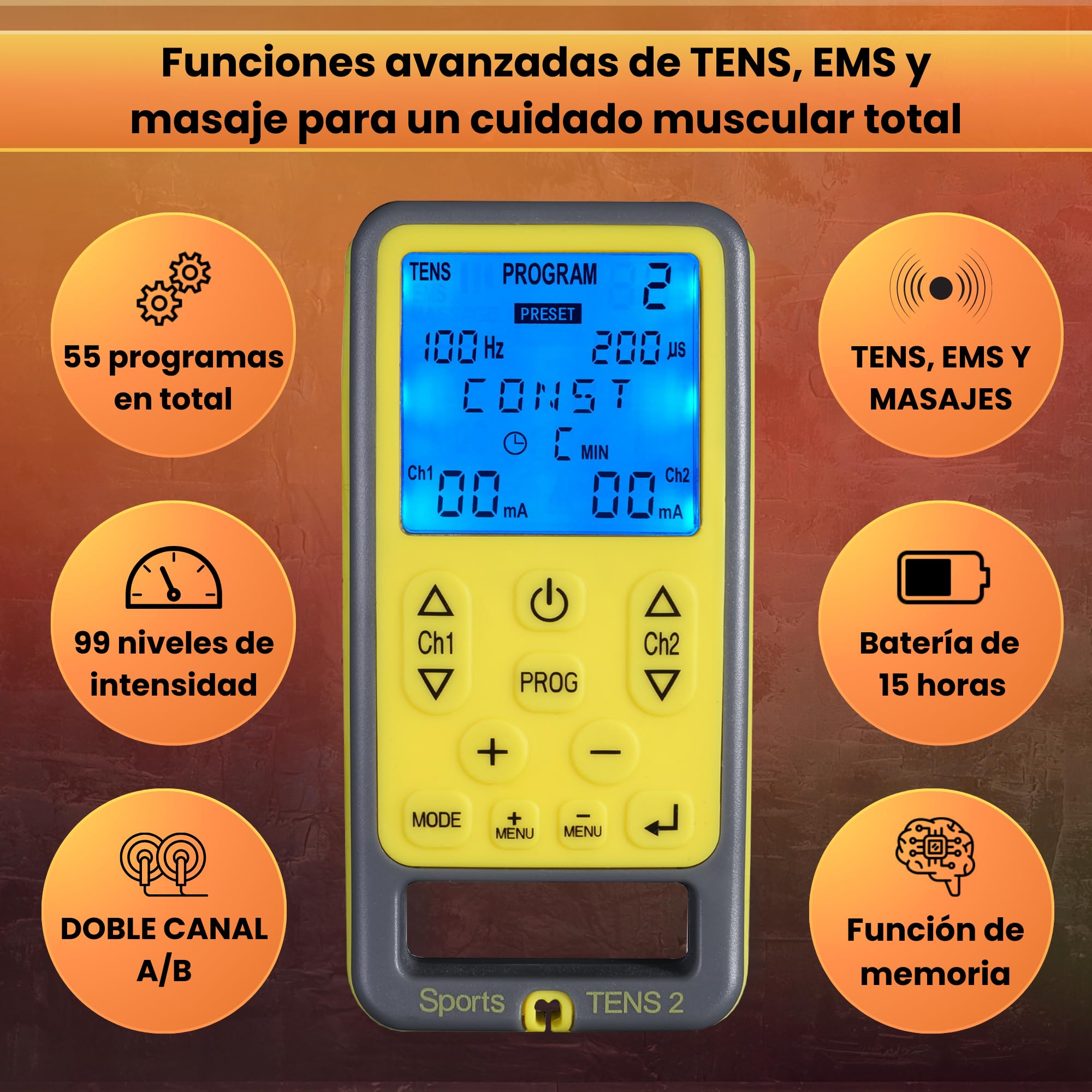 TensCare Sports TENS - Electroestimulador muscular. Programas predeterminados TENS, EMS y para masaje y programas manuales. Alivio del dolor, tonificación y relajación musculares.