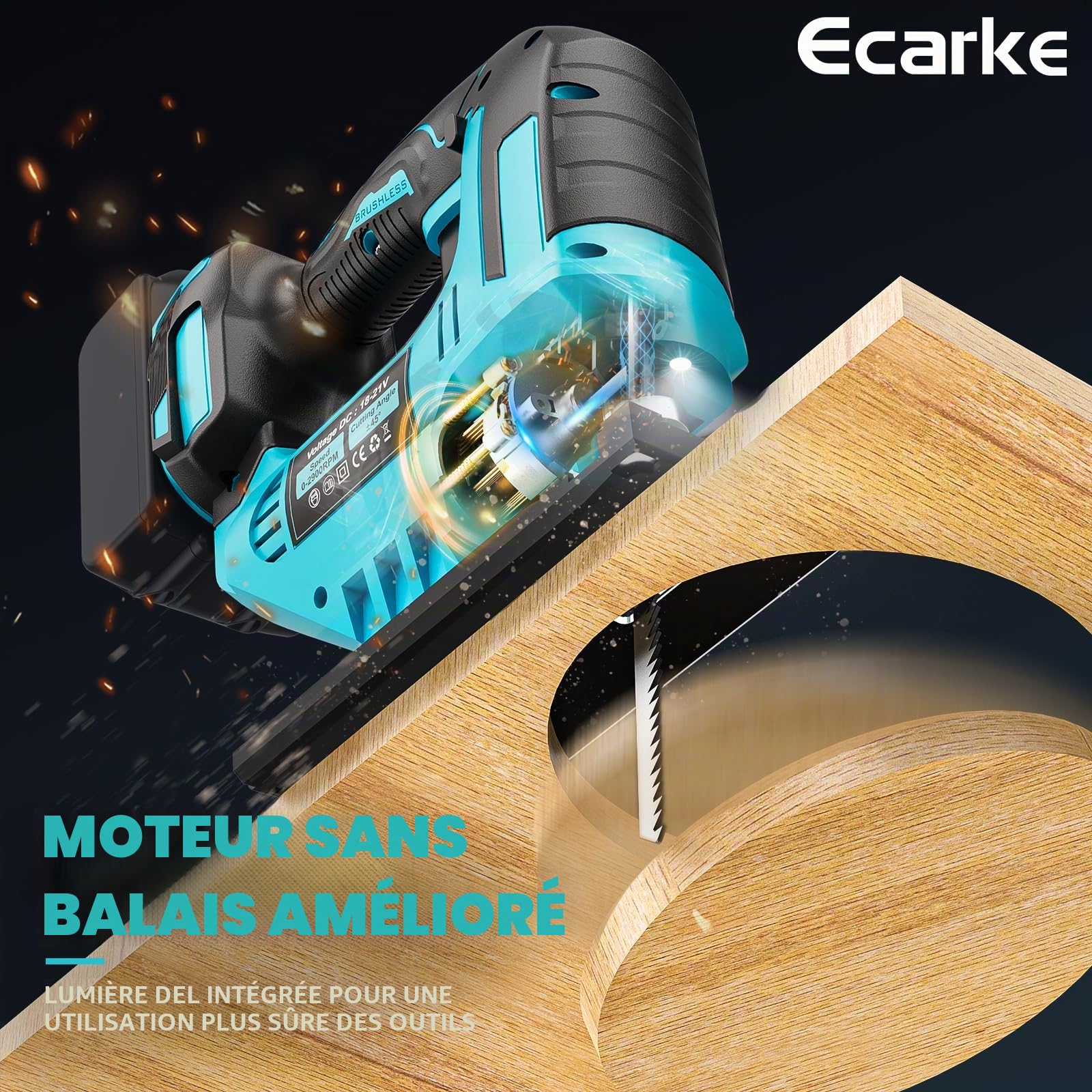 Ecarke Scie Sauteuse Sans Fil 750W Compatible avec Batteries Makita 18V, Vitesse Réglable, 6 Lames Incluses & Système de Serrage Rapide, pour Bois, Métal, Plastique(Outils Uniquement)