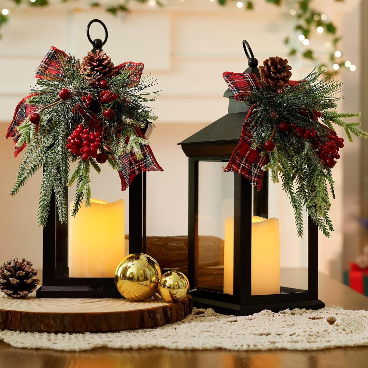 Christmas Lanterns Decorative Indoor, 2 Pack 14" Battery-Powered Waterproof Black LED Candle Lanterns with Timer for Outdoor, Vintage Hanging Lantern for Xmas Home Decorations, Transparent Christmas Decorative Lantern 2.0