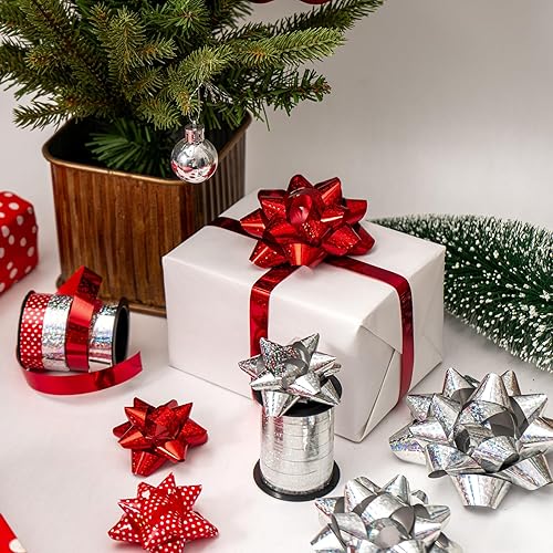 Miniatura 10 de WRAPAHOLIC Surtido de 16 lazos de regalo, 14 lazos de regalo de varios colores (verde, dorado), 2 cintas rizadoras, perfectos para vacaciones,