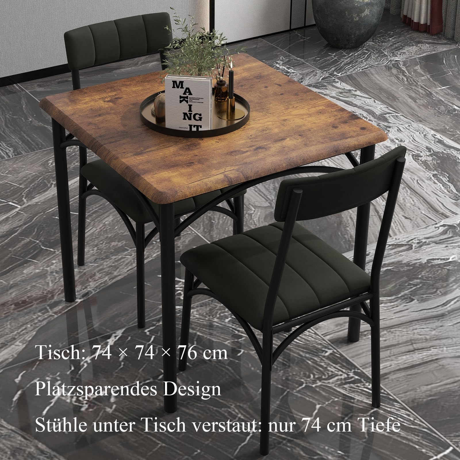 Essgruppen für 2 Personen, Kleiner Esstisch mit 2 Gepolsterten Stühlen, 3 Teiliges Küchentisch mi 2 Stühlen für Bistro, Küche, Wohnzimmer, Balkon, Restaurant - Retro-Holzfarbe