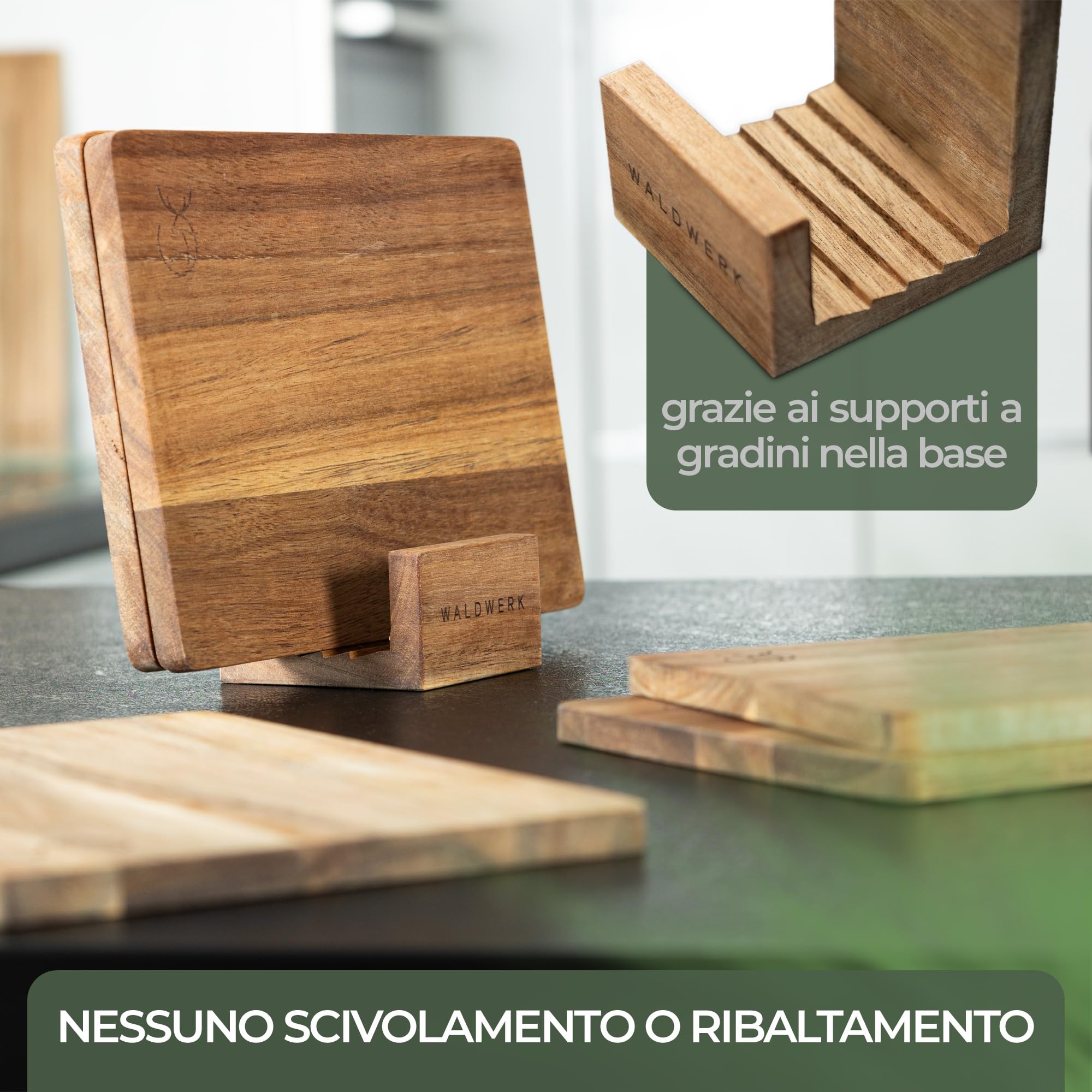 WALDWERK Set di 5 taglieri da colazione (23 x 16 x 1 cm) in legno massiccio di acacia – Tagliere da cucina con supporto – 5 tagliere legno – Tagliere in legno perfetti per la colazione