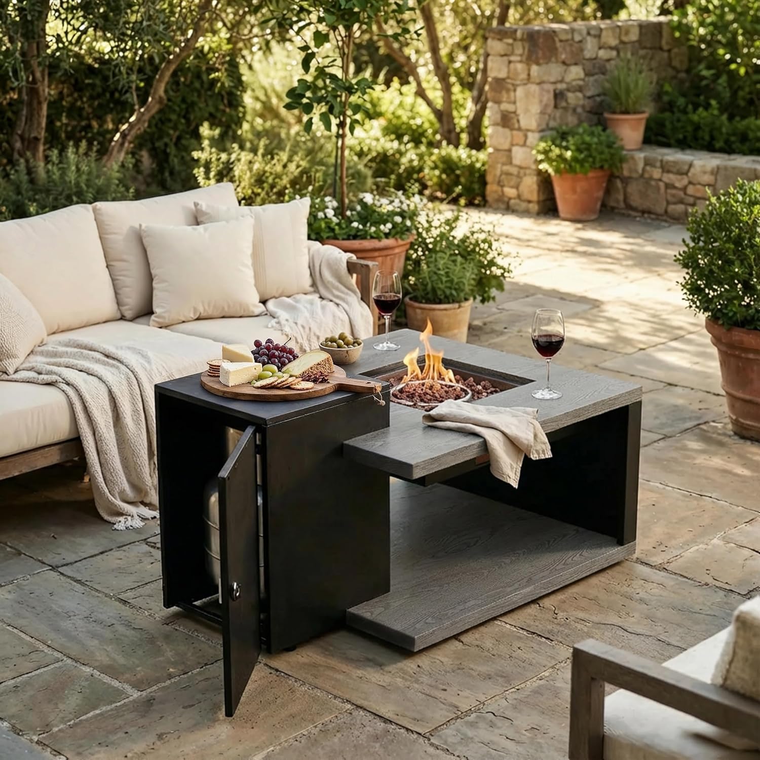 ECACAD 40" Rectangular Propane Fire Pit Table with Tank Cabinet, Lid, Rock & Rain Cover, 50,000 BTU Iron Outdoor Gas Fireplace with Aluminum Tabletop for Patio, Backyard, Black & Grain