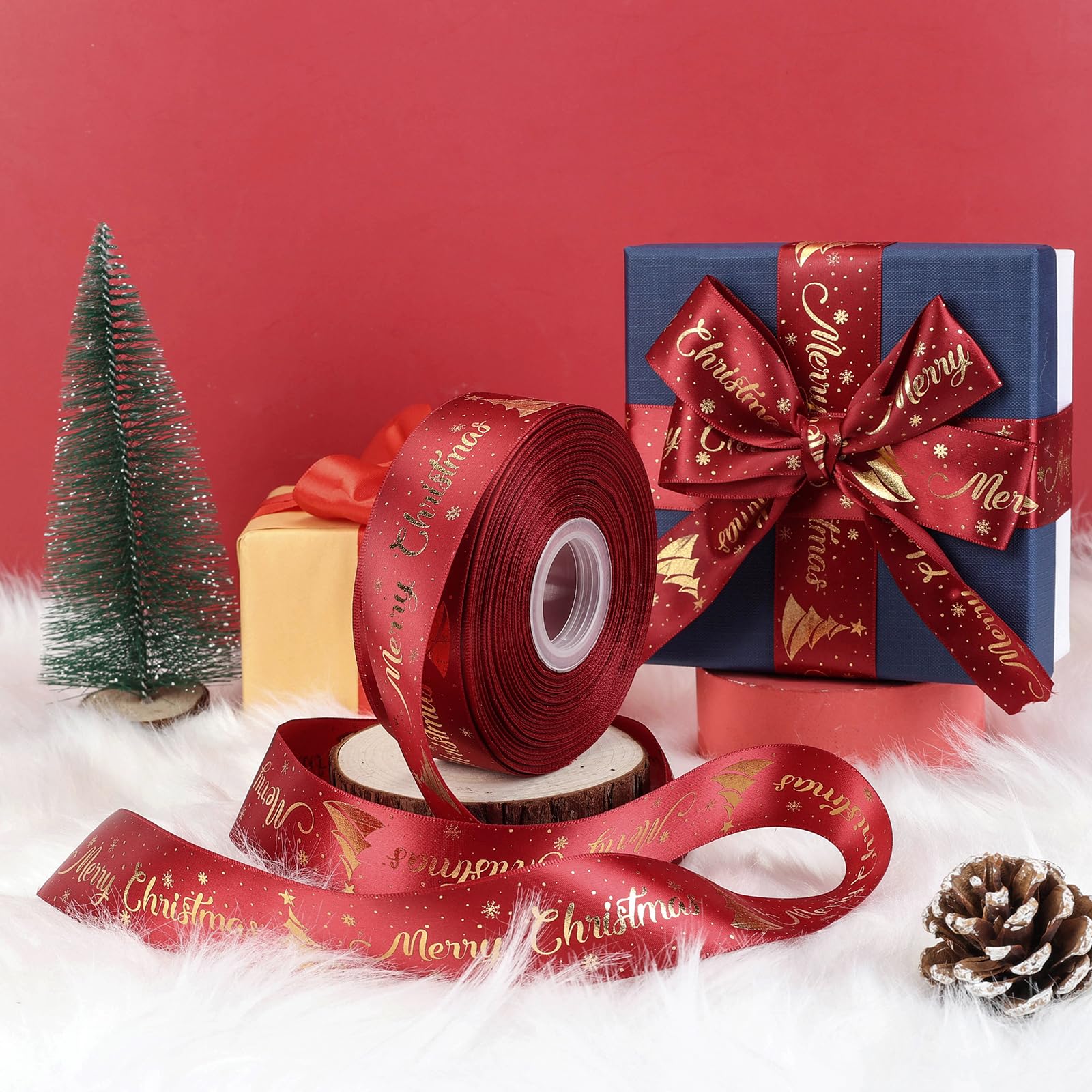 Amazon | 50ヤード メリークリスマスリボン 1.5インチ 有線 クリスマス