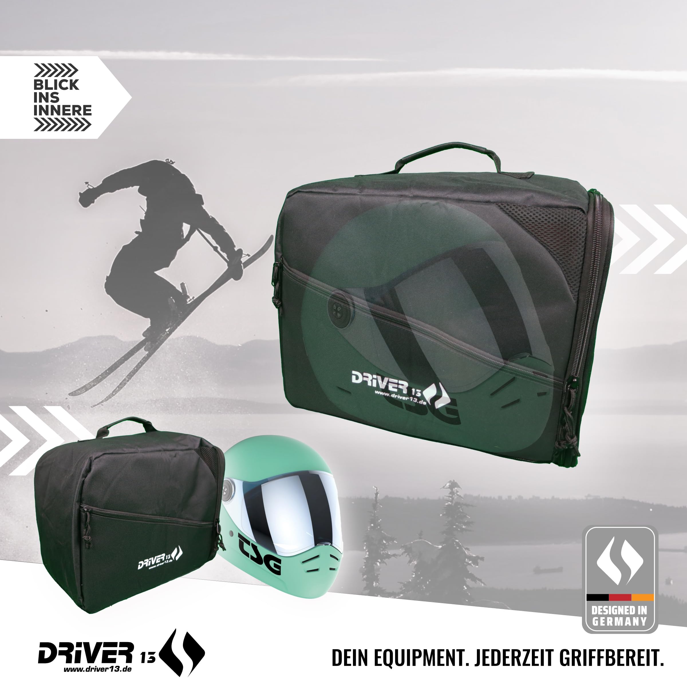 Driver13 borsa casco per casco da sci e casco da motocross, helmet bag imbottita con ventilazione e tasca accessori, nero