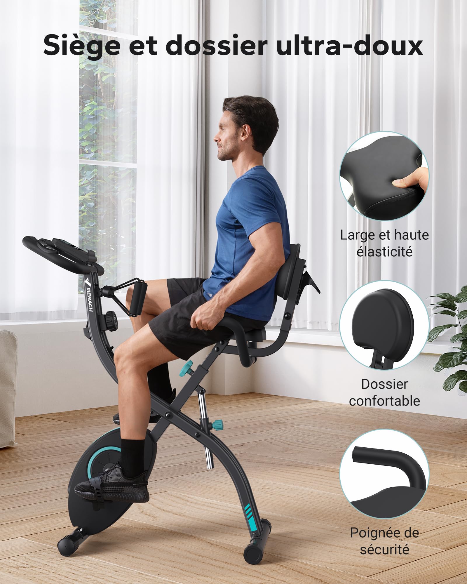 MERACH Velo D Appartement Silencieux avec App Entraînement, 4 en 1 Vélo D’Appartement Pliable avec Résistance Magnétique 16 Niveaux, Écran LCD, Mesure du Pouls, Bande de Résistance, Selle Confortable