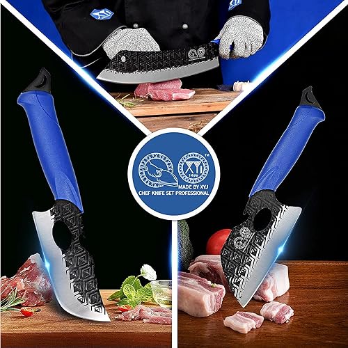 Miniatura 5 de XYJ Auténtico desde 1986, juego de cuchillos de cocina de 6 piezas, cuchillo de chef de camping con soporte para funda, acero para afilar, piedra de