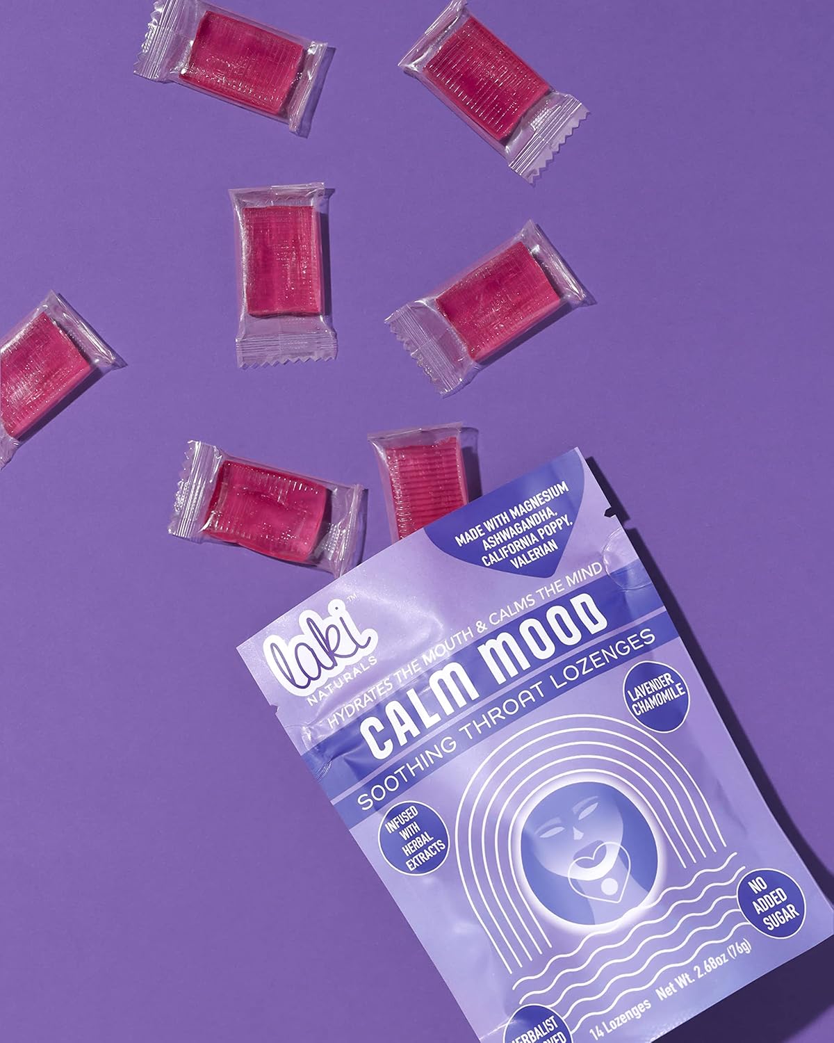 Laki Naturals Lavender Chamomile Calm Mood Functional Herbal Lozenges (14ct) Throat & Calming Hard Candies with Magnesium, Ashwagandha, California Poppy & Valerian. Vegan, Sugar Free, Gluten Free 14 Lozenges Calm Mood image 6 of 7 B0BGZMD75V