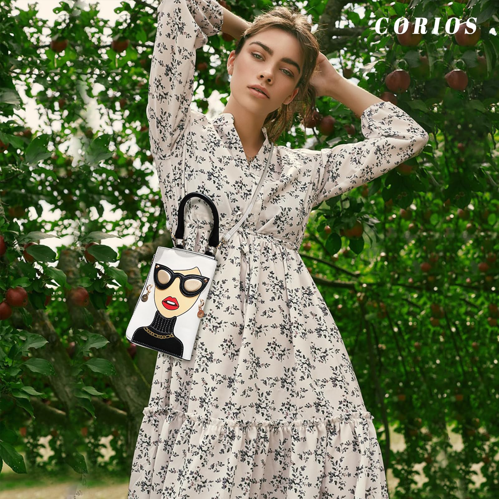 CORIOS Novelty 3D Lady Face Crossbody Bag Elegant Shoulder Bag PU Leather Handbag for Women Top-handle Bag Small Satchel Bag Retro Tote Bag Ladies Messenger Bag Wallet Coin Purse Change Pouch White