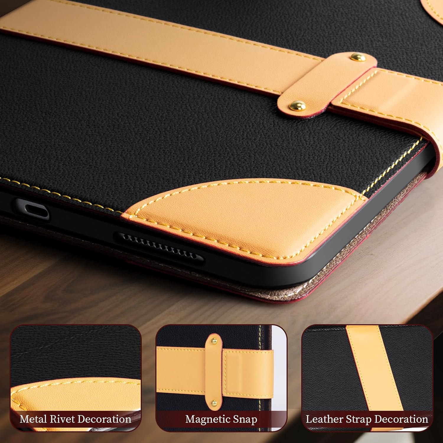 iPad Case for iPad mini 7th/6th Gen 8.3 inch,Leather Folio Cover with Pencil Holder,Auto Wake/Sleep, Adjustable Stand,Magnetic Buckle Closure Protection Case-Single Strap Black