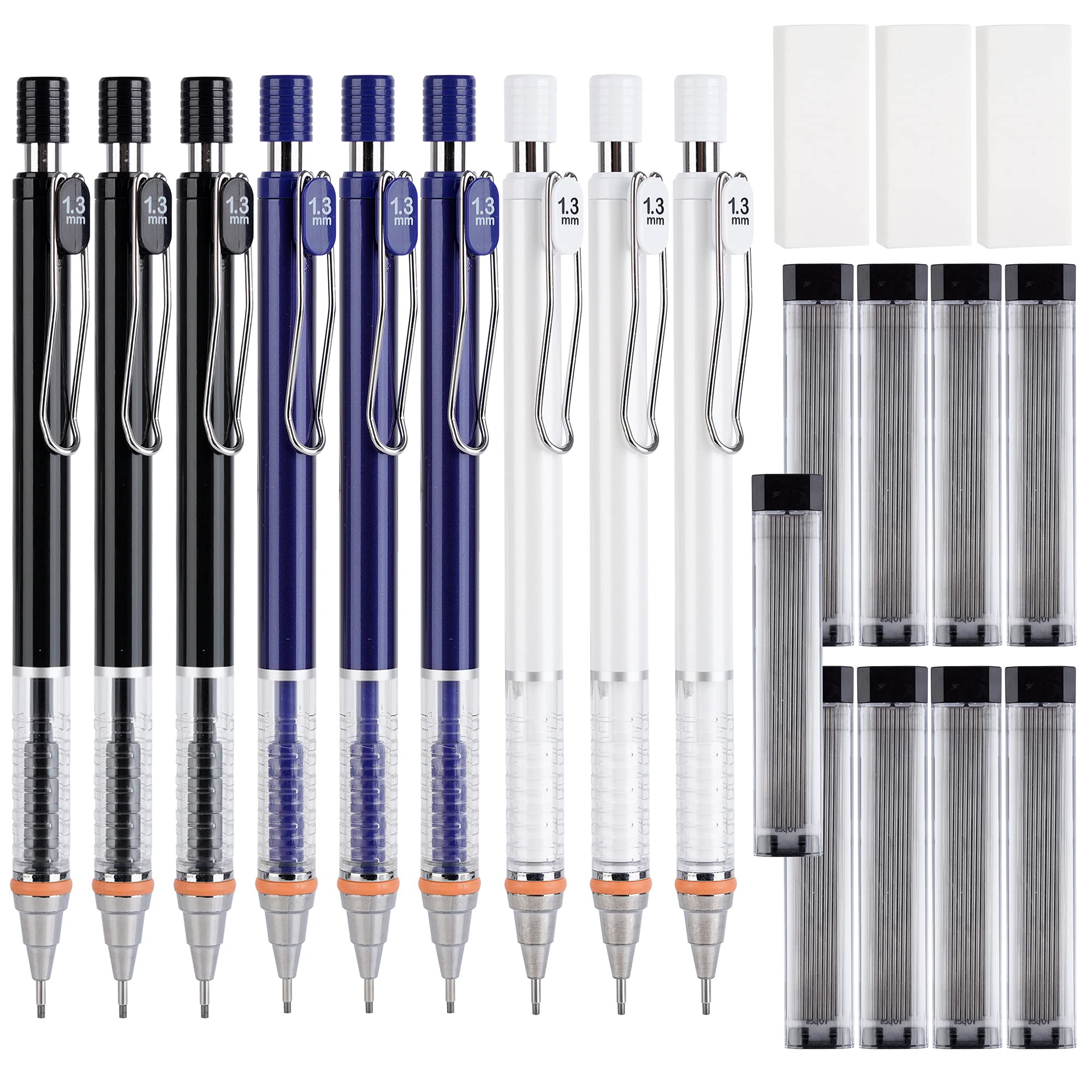 Kolewo4ever21pcs Mechanical Pencil Set 9pcs 1.3 mm Mechanical Pencils with 9 Tubes 1.3mm HB Lead Refills and 3 Pieces Erasers comfortable writing for Writing, Drawing, Signature, 3 Colors