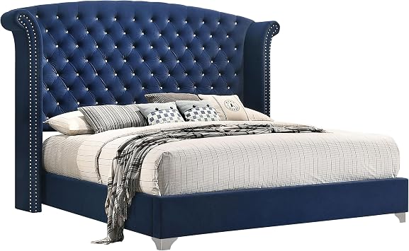 Coaster Home Furnishings Melody Modern Classic 4-piece Bedroom Set Velvet Upholstered Eastern King Size Wingback Bed Frame 66-inch Headboard Pacific Blue 223371KE-S4