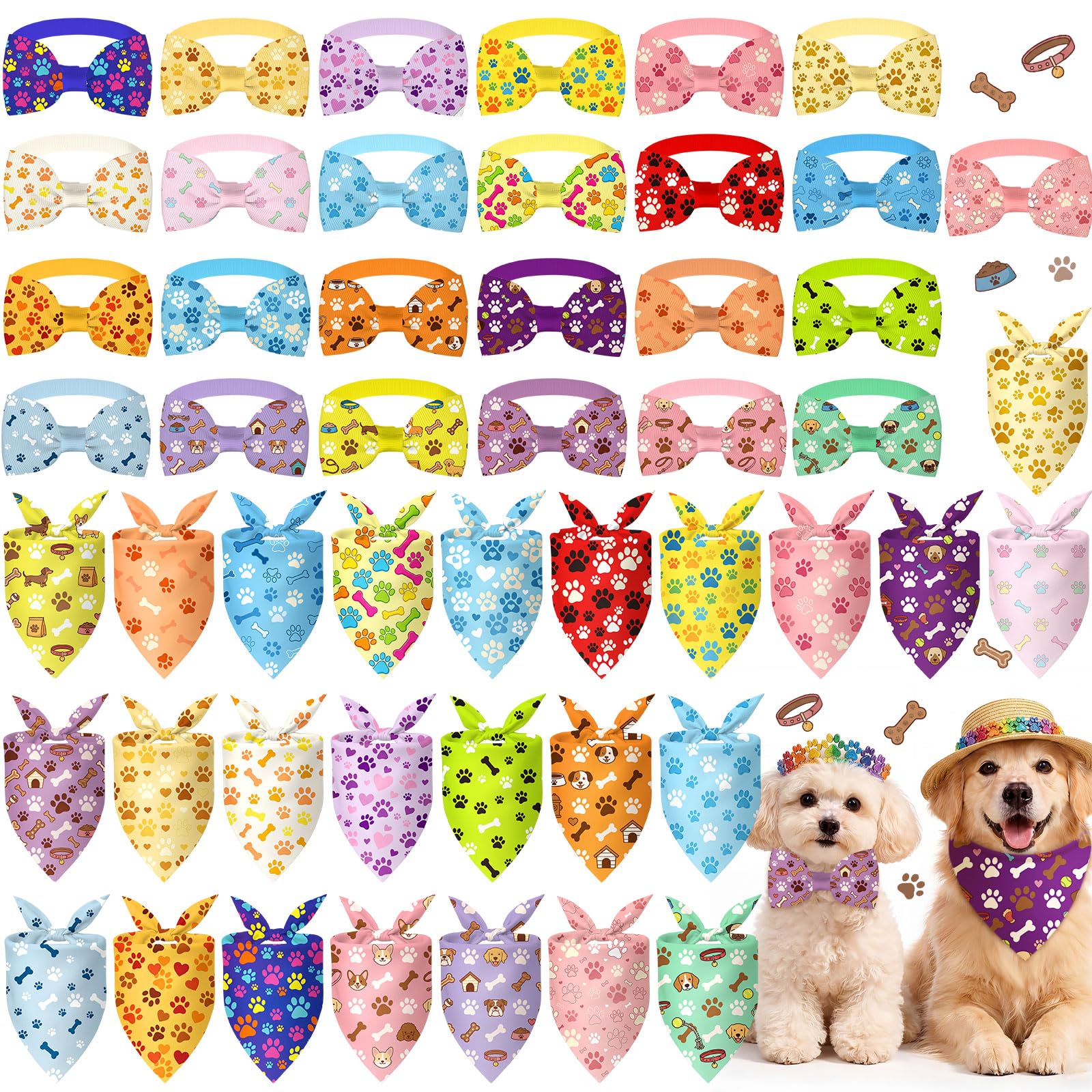 Sanwuta Set di 50 bandane per cani con stampa di zampe, set di 25 bandane colorate a forma di zampa, 25 collari a forma di osso, morbidi bavaglini triangolari, accessori per foto, papillon per