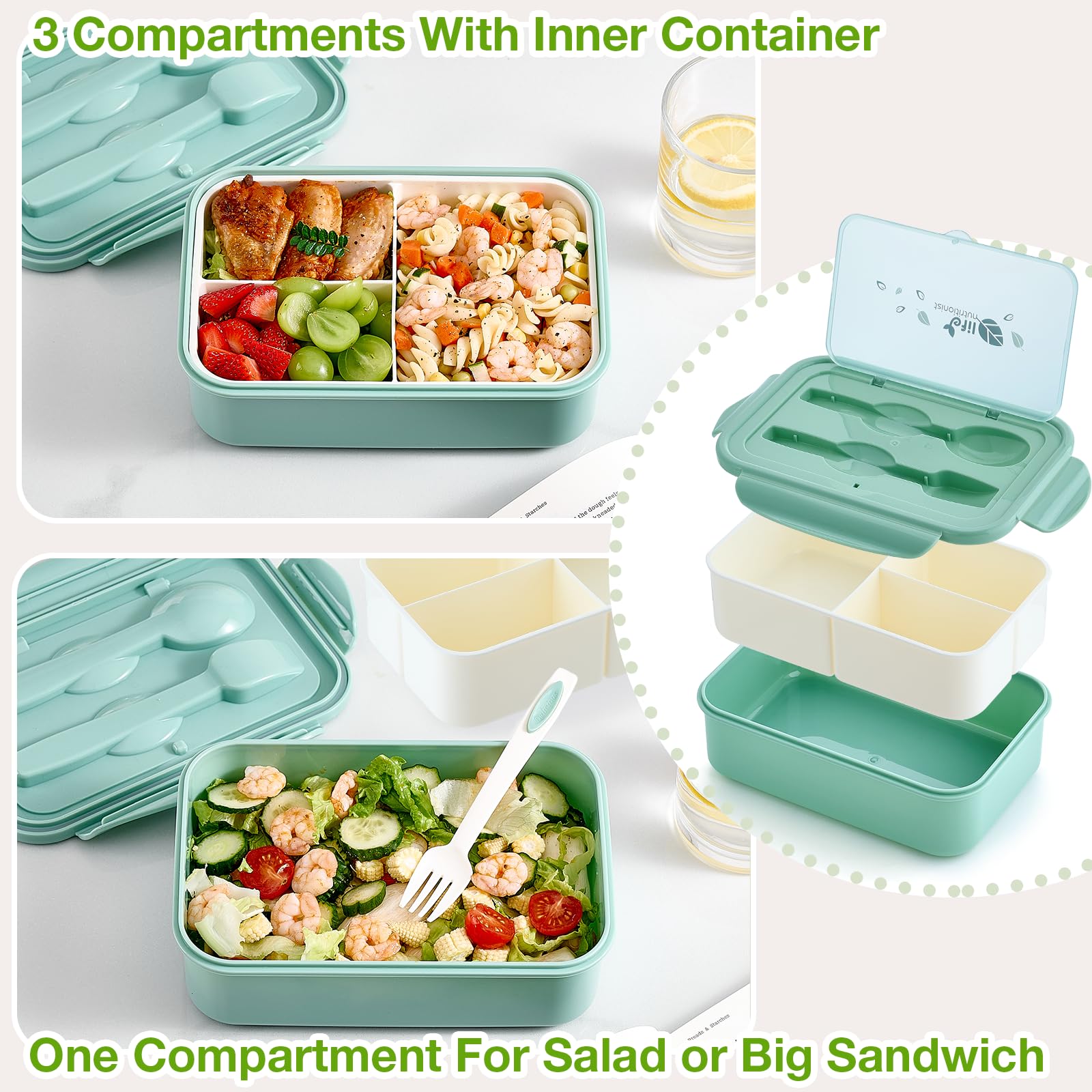 Mfacoy 3 Pack Bento Boxes for Adults/Kids, 1100 ML Bento Lunch Box With Spoon & Fork, Lunch Box Containers, Bento Box for Dining Out, Work, Picnic, BPA-Free, Microwave & Dishwasher Safe - Image 4