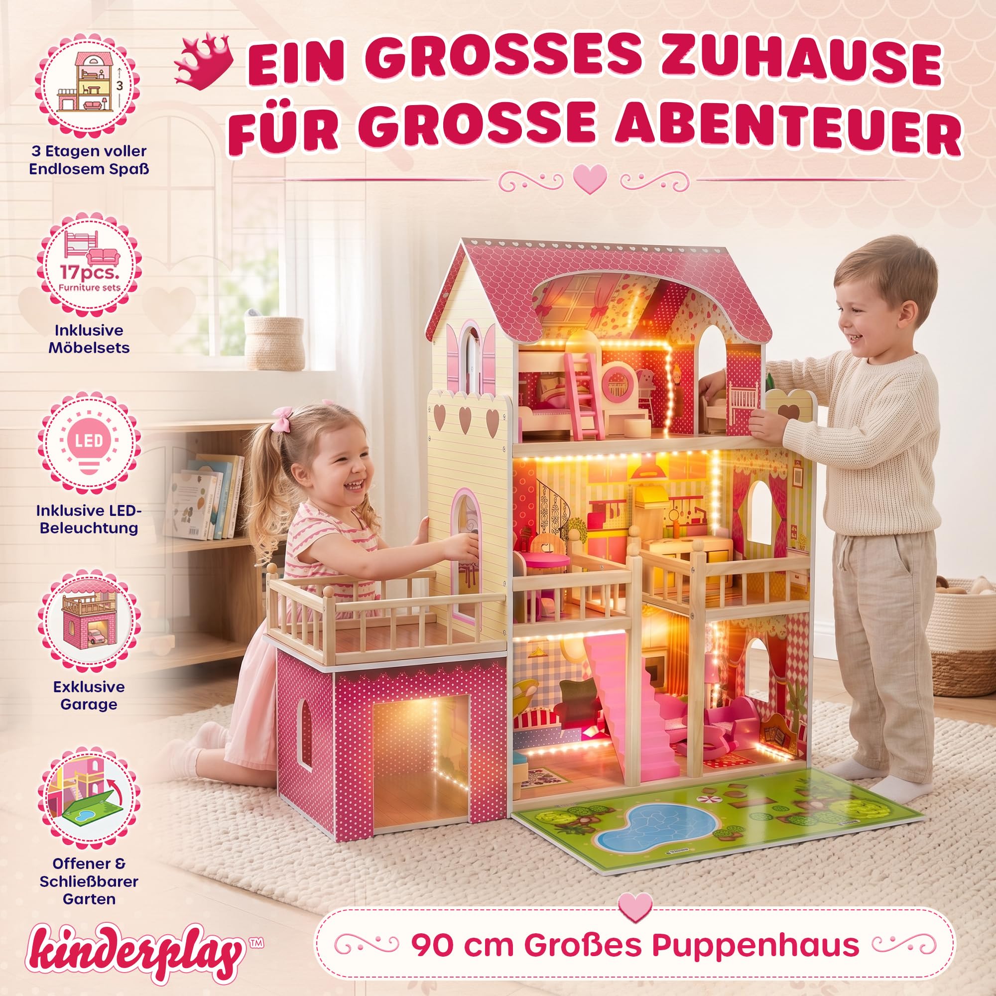 Kinderplay Puppenhaus aus Holz – Große 3‑Etagen‑Villa mit Garage & Garten – LED-Licht, 17 Möbel – Für Kinder ab 3 Jahren, Puppen bis 30 cm – 90 cm hoch