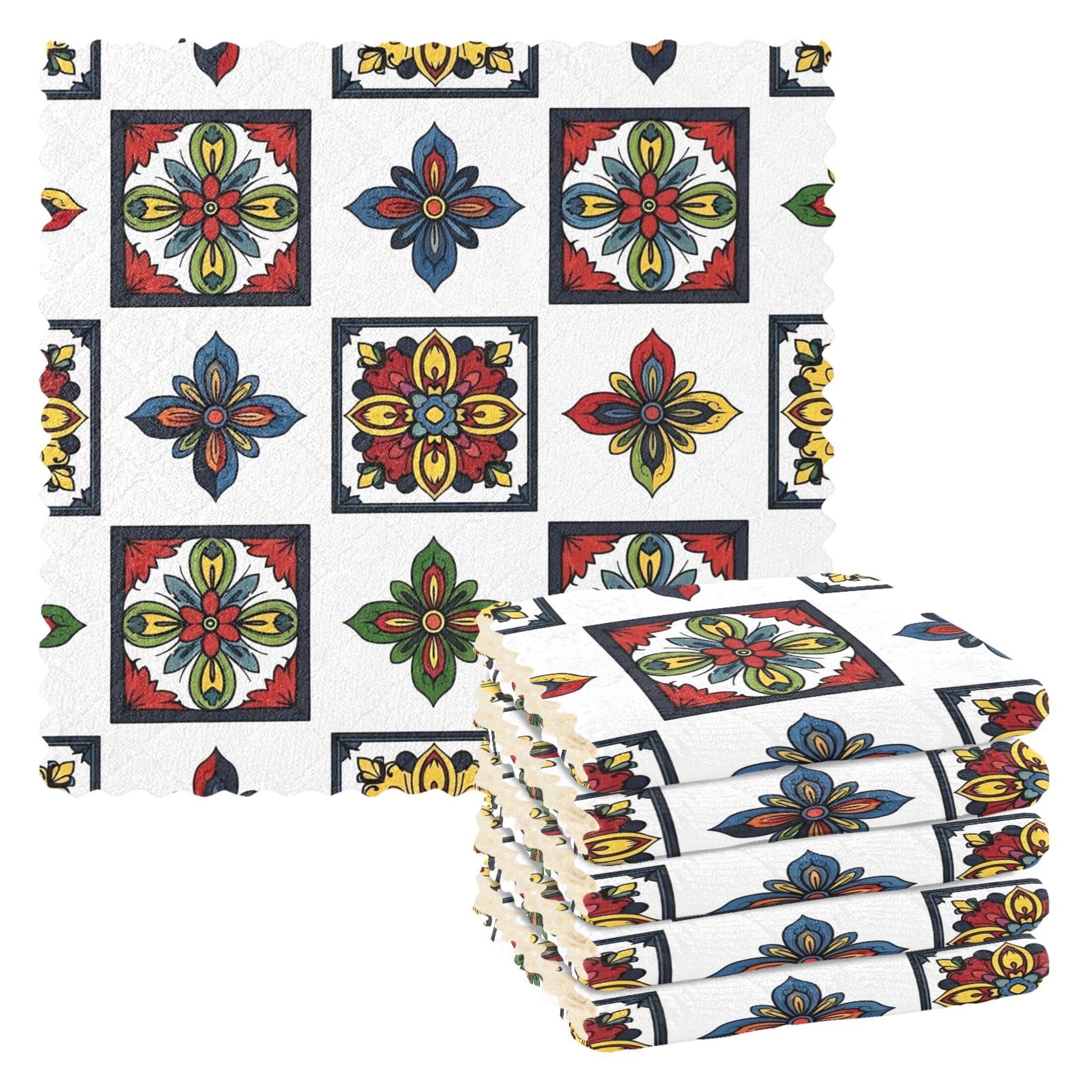 Fuauuyl Tribal Tiles Kitchen Dish Towel Set of 6, Soft Absorbent Washable Cleaning Cloths Dish Rags Tea Bar Drying Towels, 11x11 In