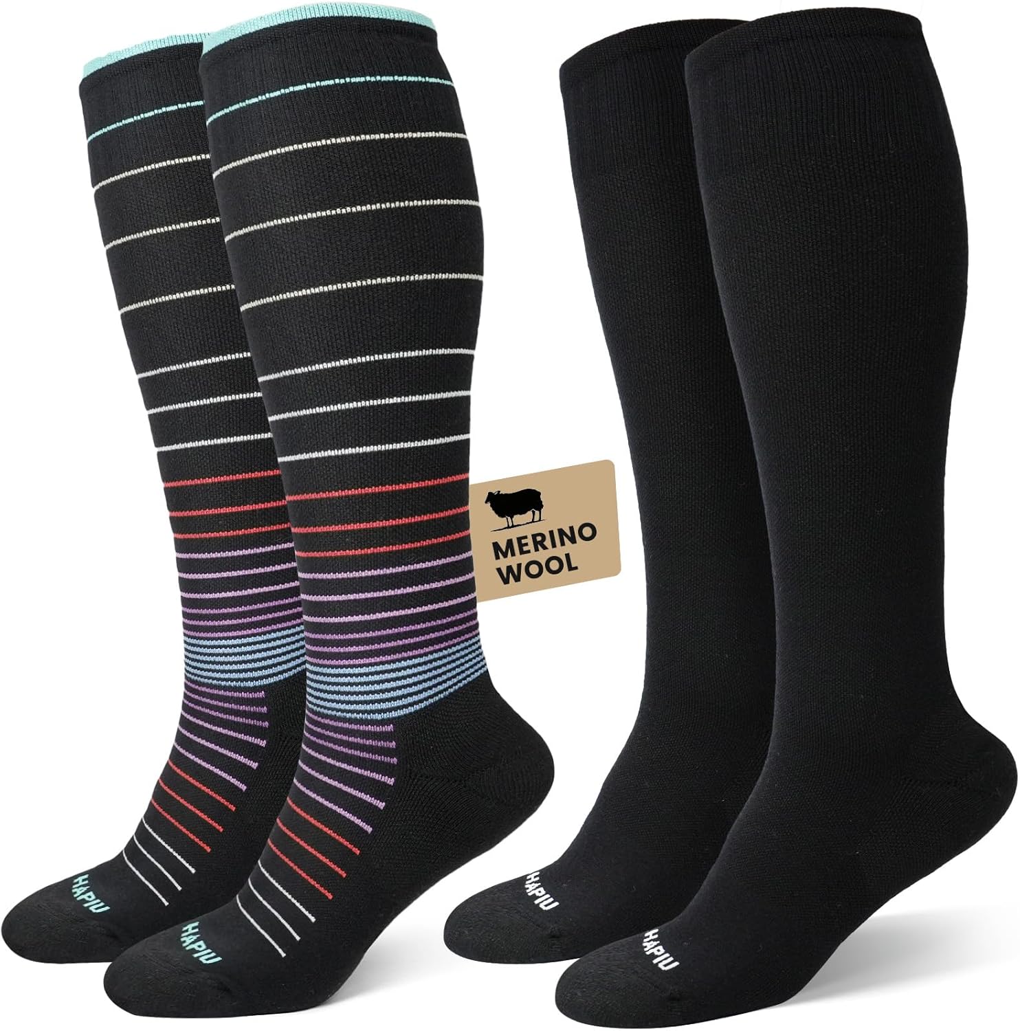 HAPIU Merino Wool Easy On Compression Socks for Women & Men, 15-20 mmHg, Plus Size Knee High Stocking for Nurses, Pregnancy, Travel, Flight, Medias de Compresión Mujer