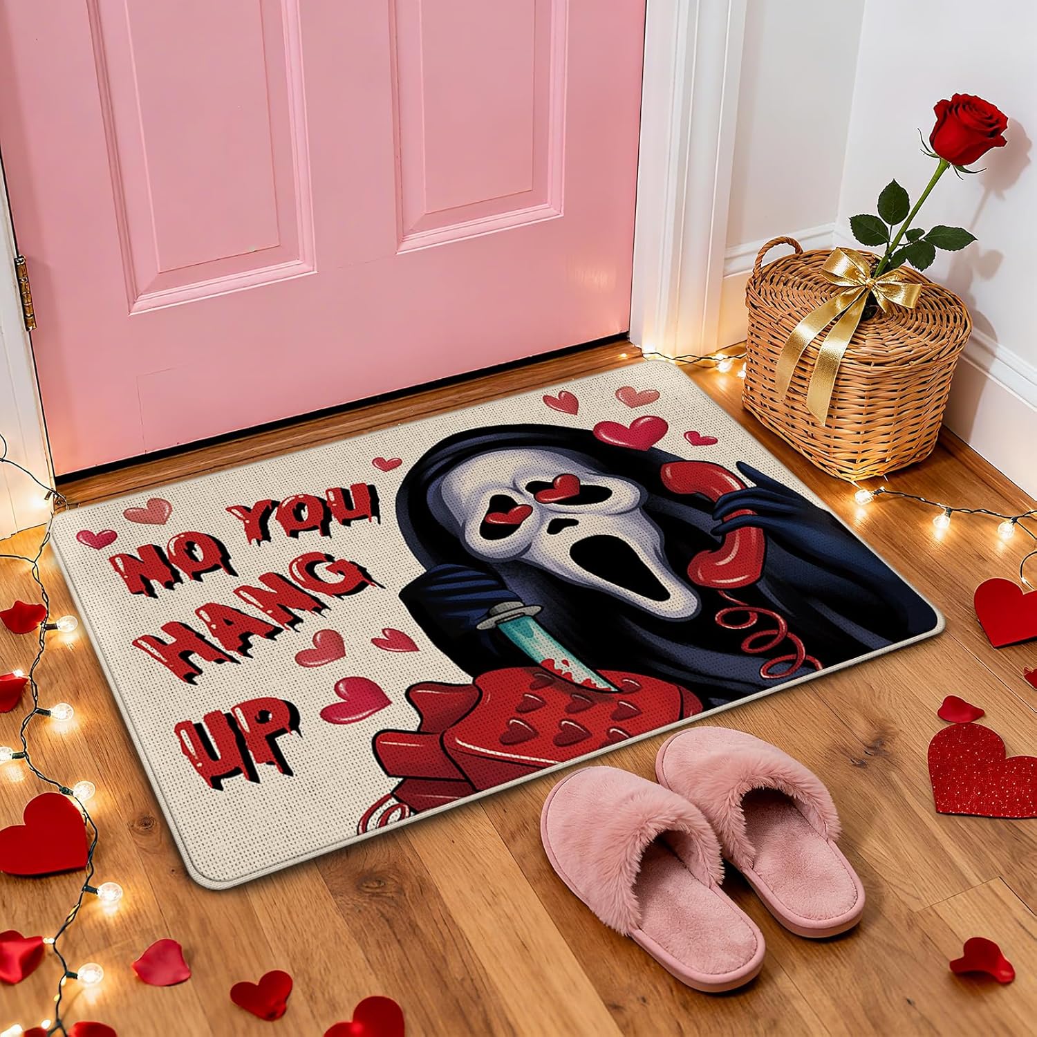 Valentines Day Welcome Front Door Mat, Humor Grim Reaper No You Hang up Decorative Doormat Non-Slip Floor Entryway Rug, Funny Anniversary Wedding Indoor Outdoor Home Kitchen Decor 17'' x 29''