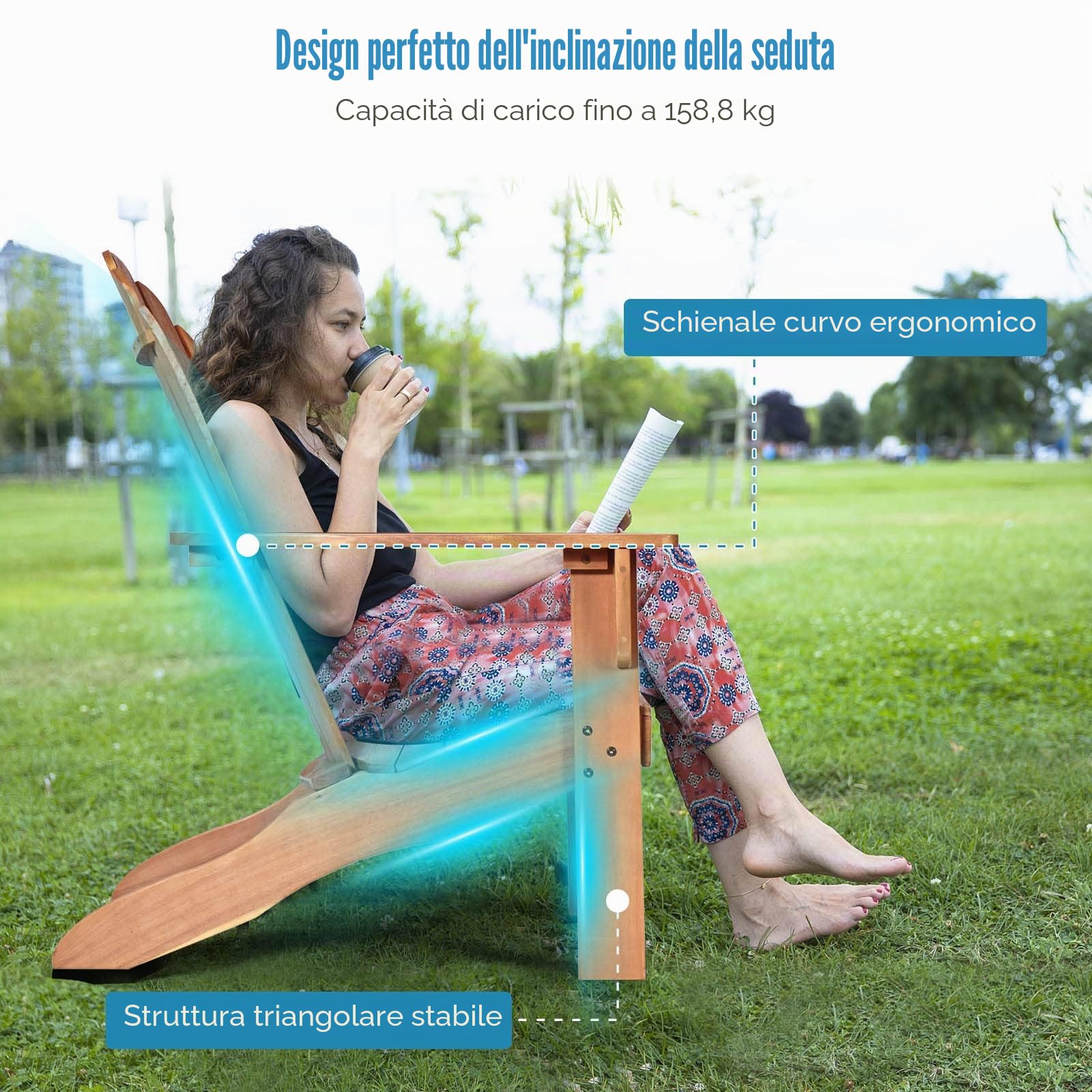 GIANTEX Sedia Adirondack da Giardino, Poltrona in Legno, Pausa da Esterno, Schienale a 6 Righe, Ideale per Estate, Portata di 160kg, 69x88x103cm, Grigio/Naturale/Bianco (naturale)