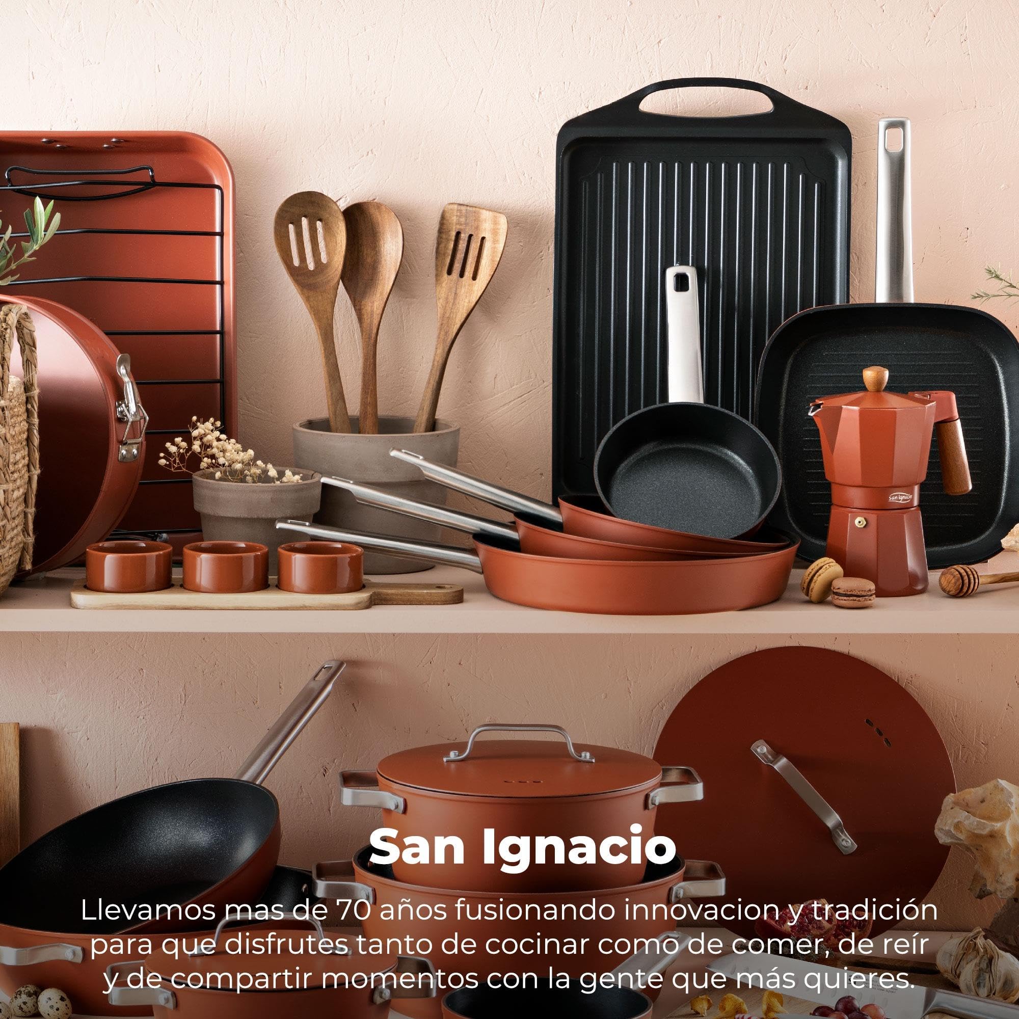 San Ignacio AGROS Pack cocina 4 Pzs - Plancha asador 34x26cm, Sartén Ø30cm, Grill cuadrado 24cm y Set 3 Utensilios de madera de acacia