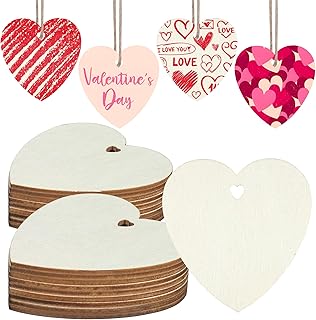 100PCS Wooden Hearts for Crafts Valentine's Day Heart Hanging Ornaments 3" Unfinished Natural Hearts Wood Cutouts DIY Blank Heart Shape Slice with Rope for Valentines Day Wedding Party Xmas Tree Decor