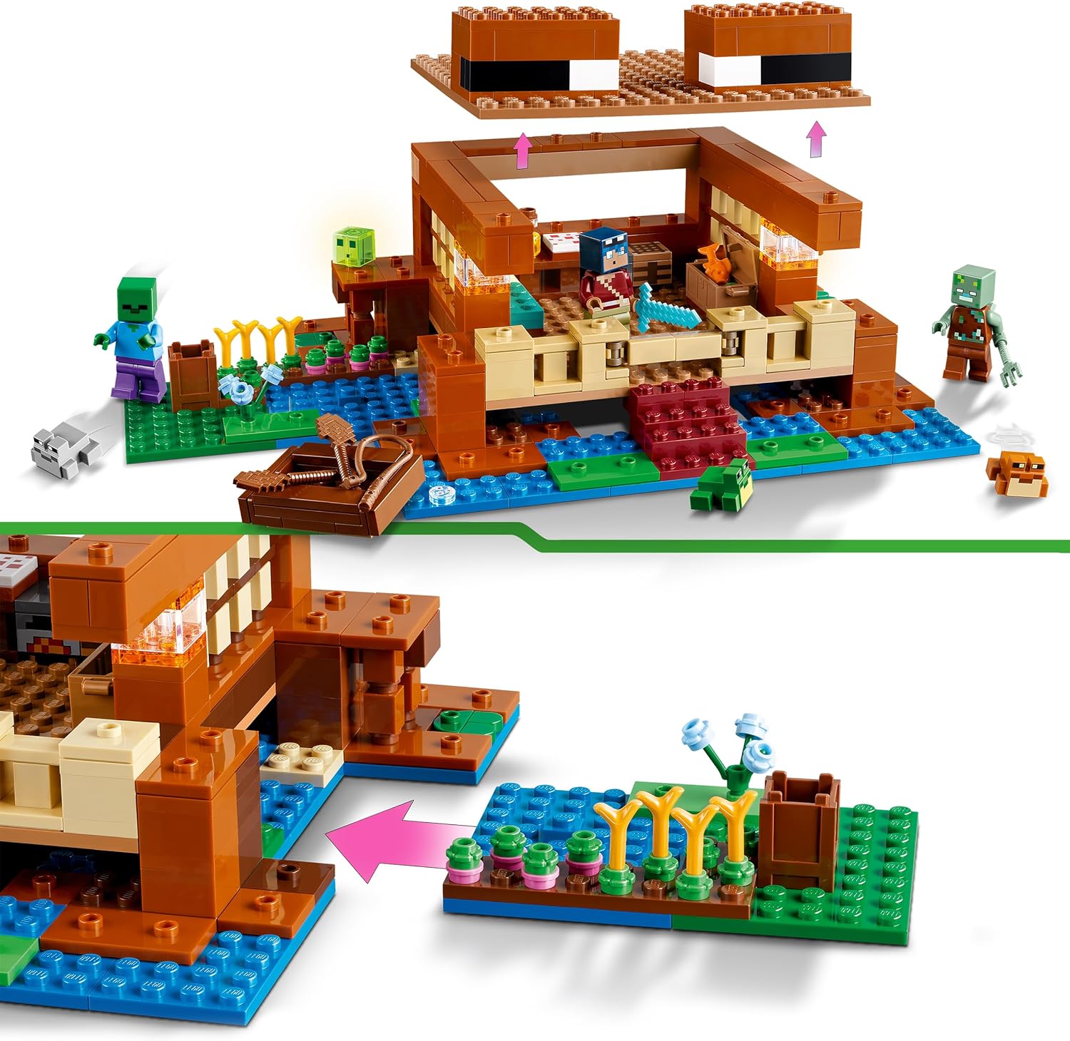 Lego 21256 Minecraft Frog House Construction Toy with Animal Figurines, Characters: Zombie and Explorer, Gift for Girls and Boys 8+