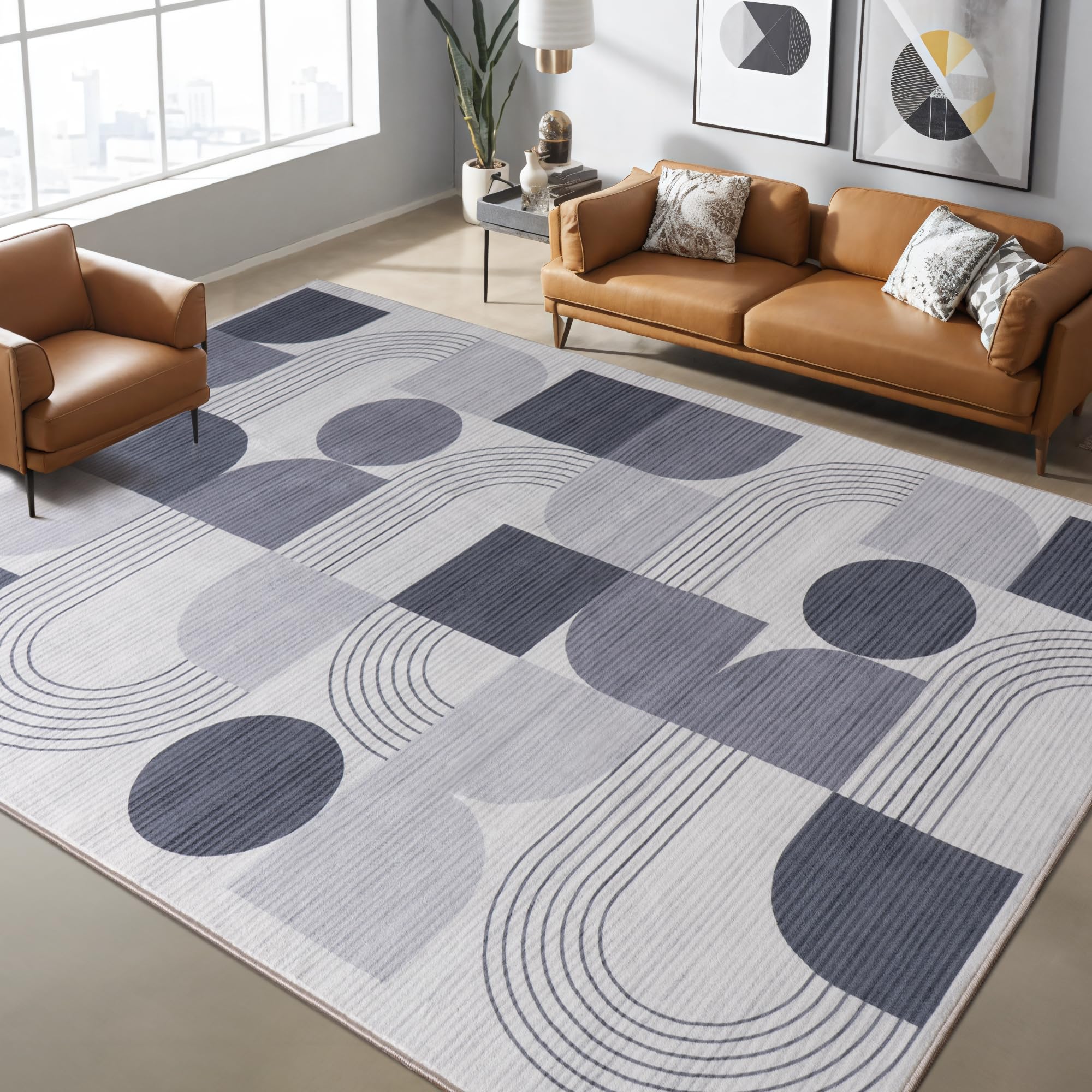Abstraktem Waschbarer Teppich Wohnzimmer, 200x230 cm Anthrazit | Groß Muster Kurzflor Teppich, Wohnzimmerteppich Bettvorleger Moderne Carpet für Schlafzimmer Büro Esszimmer Küche Läufer